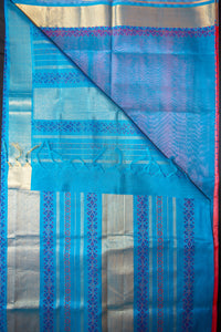 Pink-Red Silk Cotton Blockprint Saree with a Bright Blue Pallu