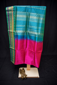 Hot Pink and Teal Handloom Silk Cotton Saree with Grand Zari Pallu