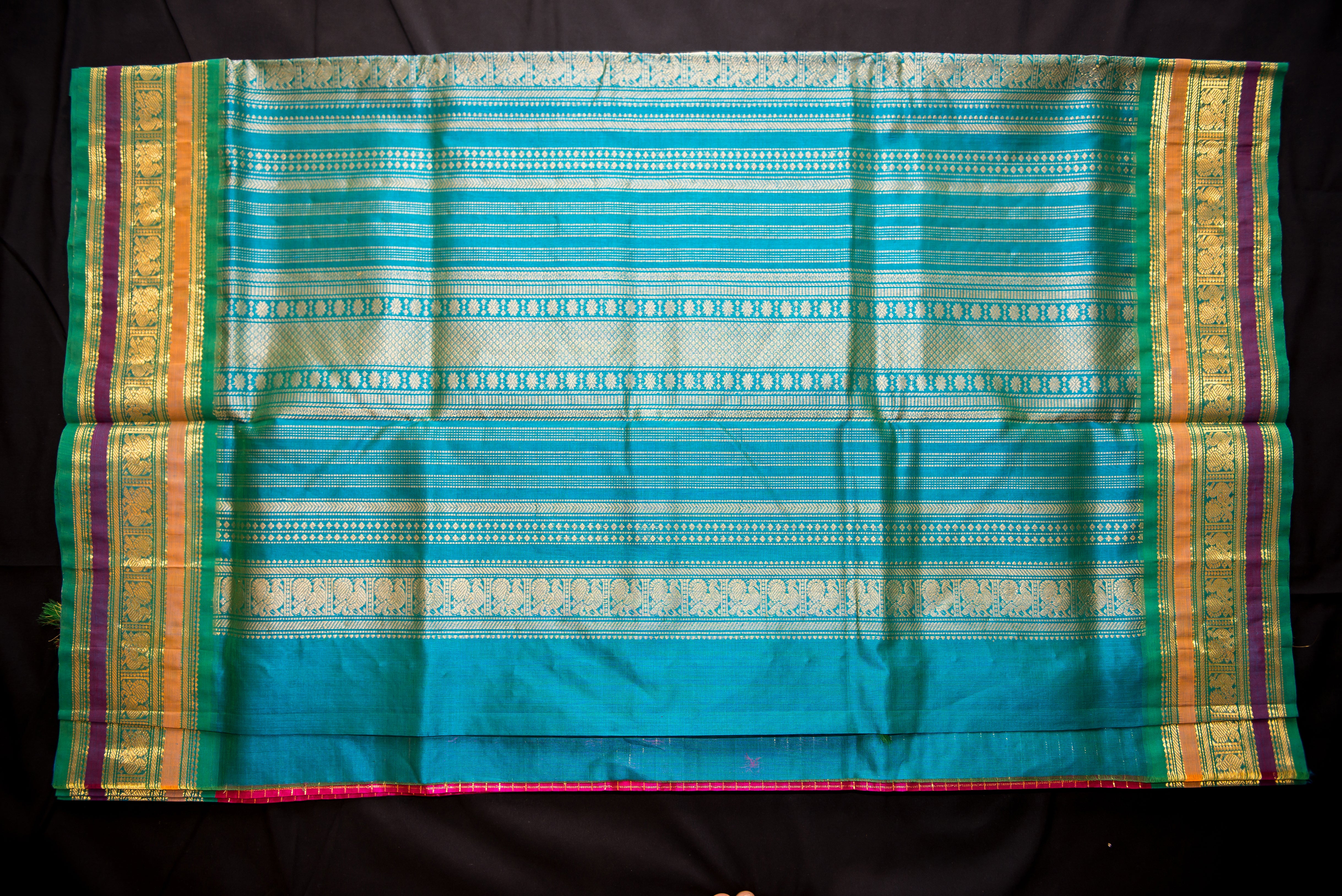 Hot Pink and Teal Handloom Silk Cotton Saree with Grand Zari Pallu