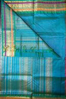 Hot Pink and Teal Handloom Silk Cotton Saree with Grand Zari Pallu