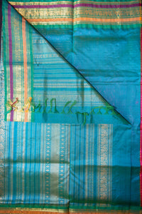 Hot Pink and Teal Handloom Silk Cotton Saree with Grand Zari Pallu