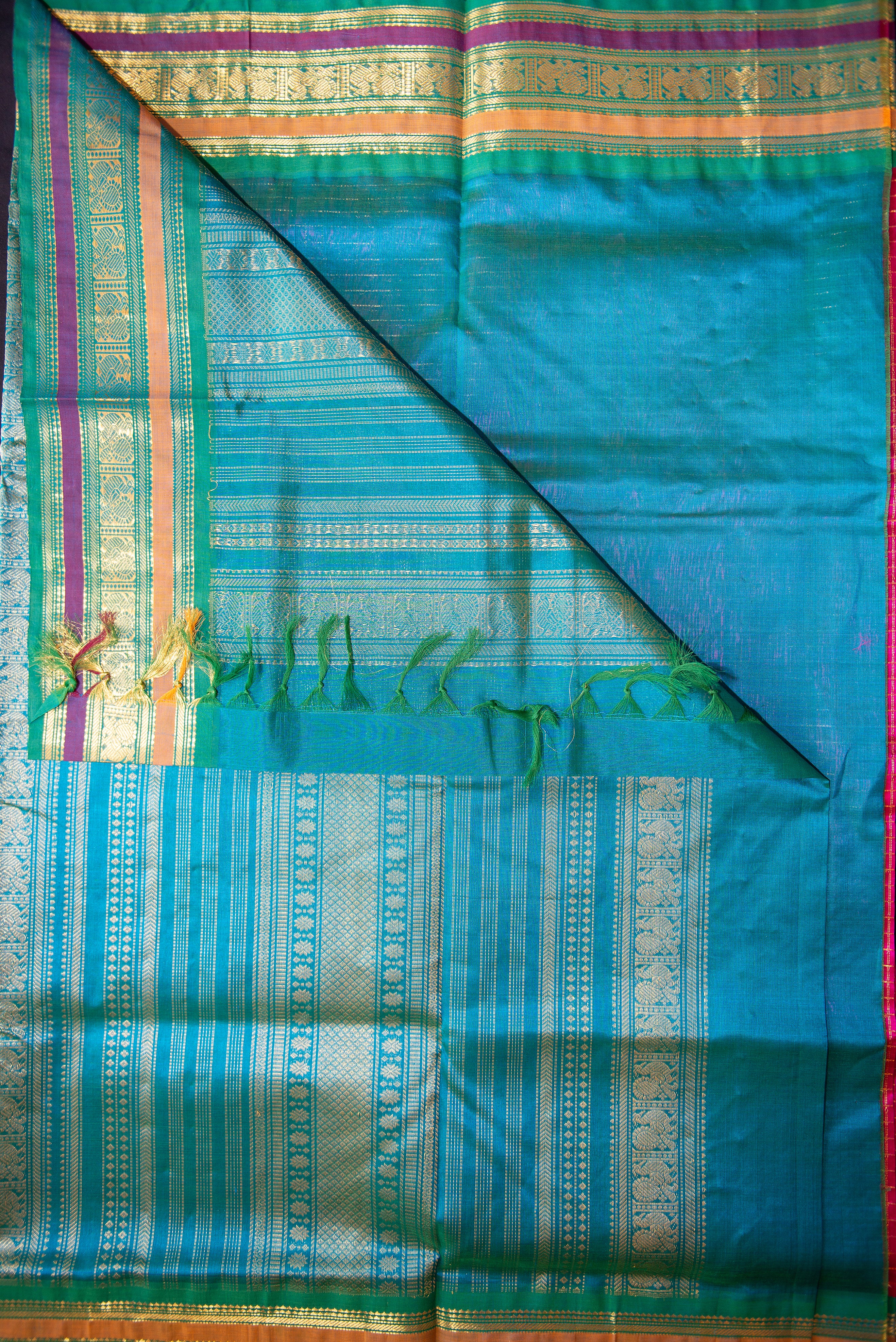Hot Pink and Teal Handloom Silk Cotton Saree with Grand Zari Pallu