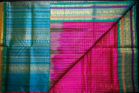 Hot Pink and Teal Handloom Silk Cotton Saree with Grand Zari Pallu