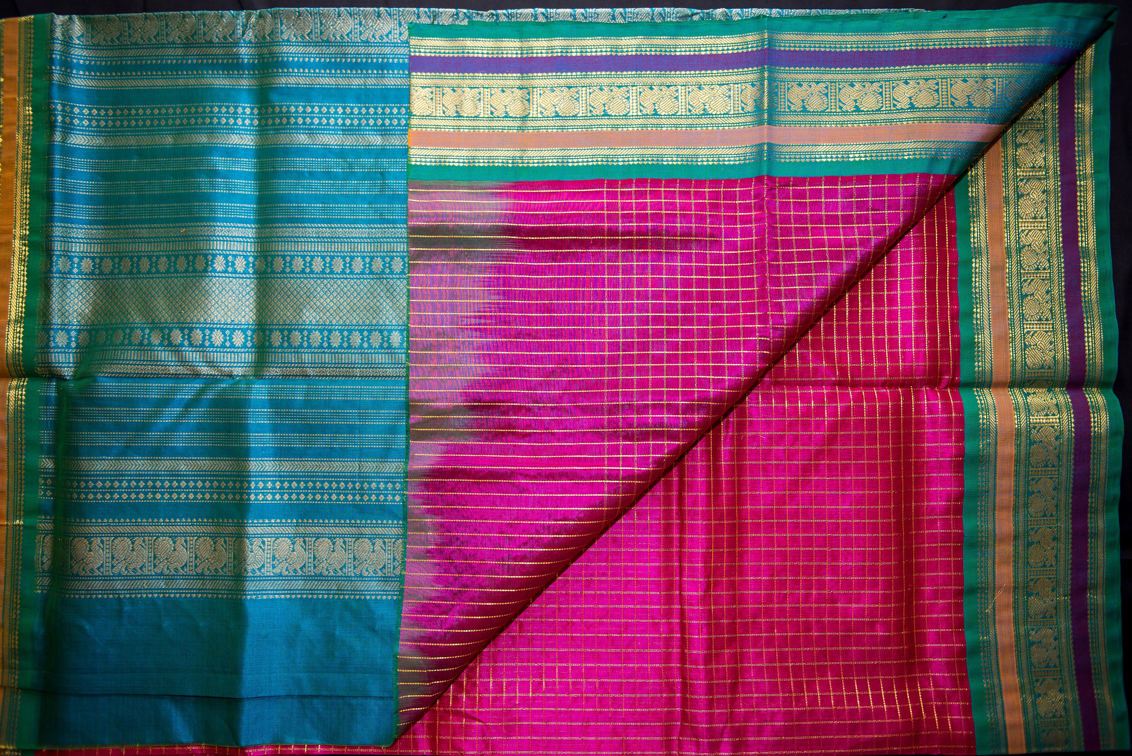Hot Pink and Teal Handloom Silk Cotton Saree with Grand Zari Pallu