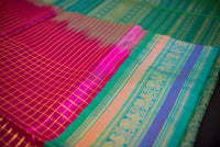 Hot Pink and Teal Handloom Silk Cotton Saree with Grand Zari Pallu