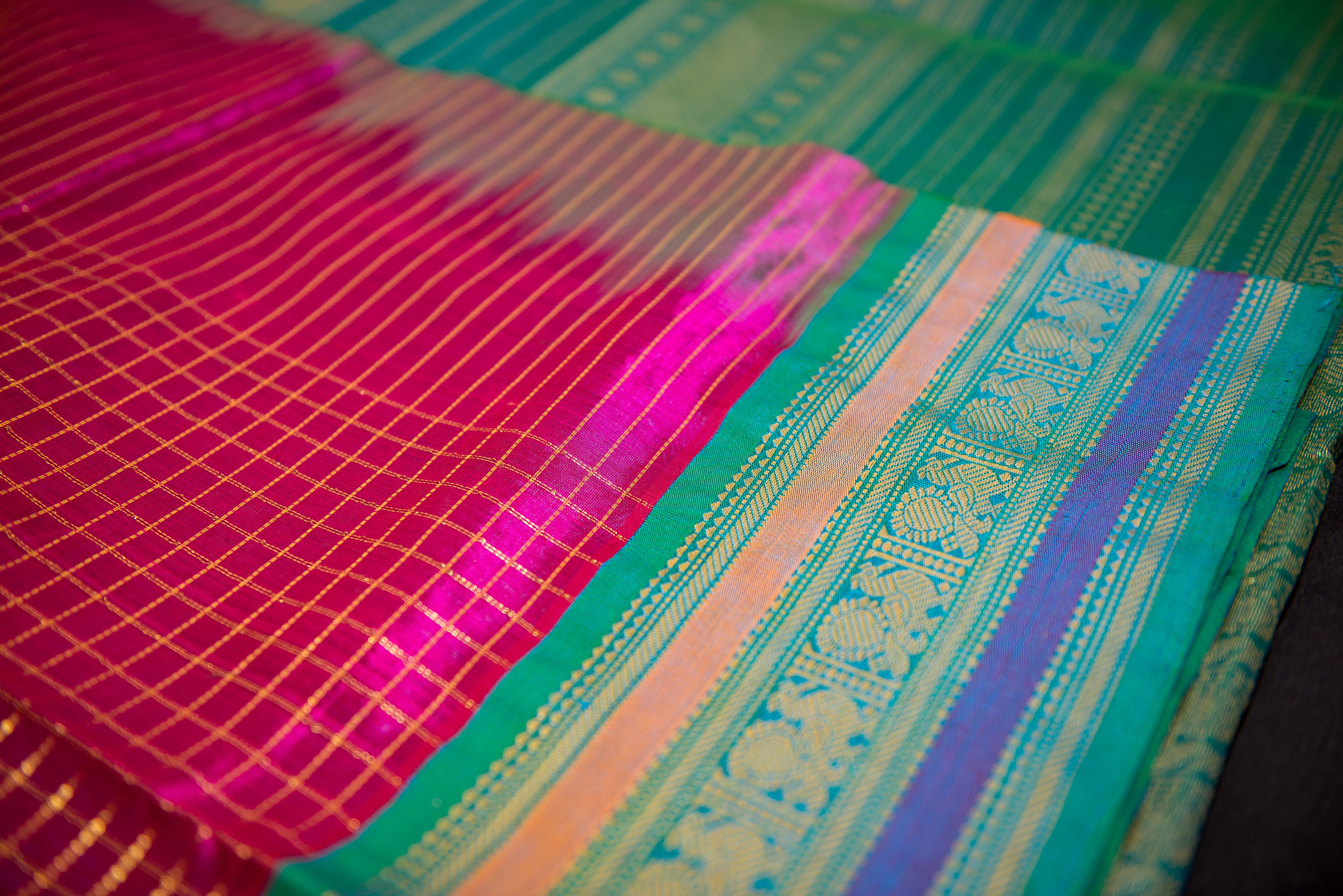 Hot Pink and Teal Handloom Silk Cotton Saree with Grand Zari Pallu