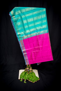 Hot Pink and Teal Handwoven Silk Cotton Saree