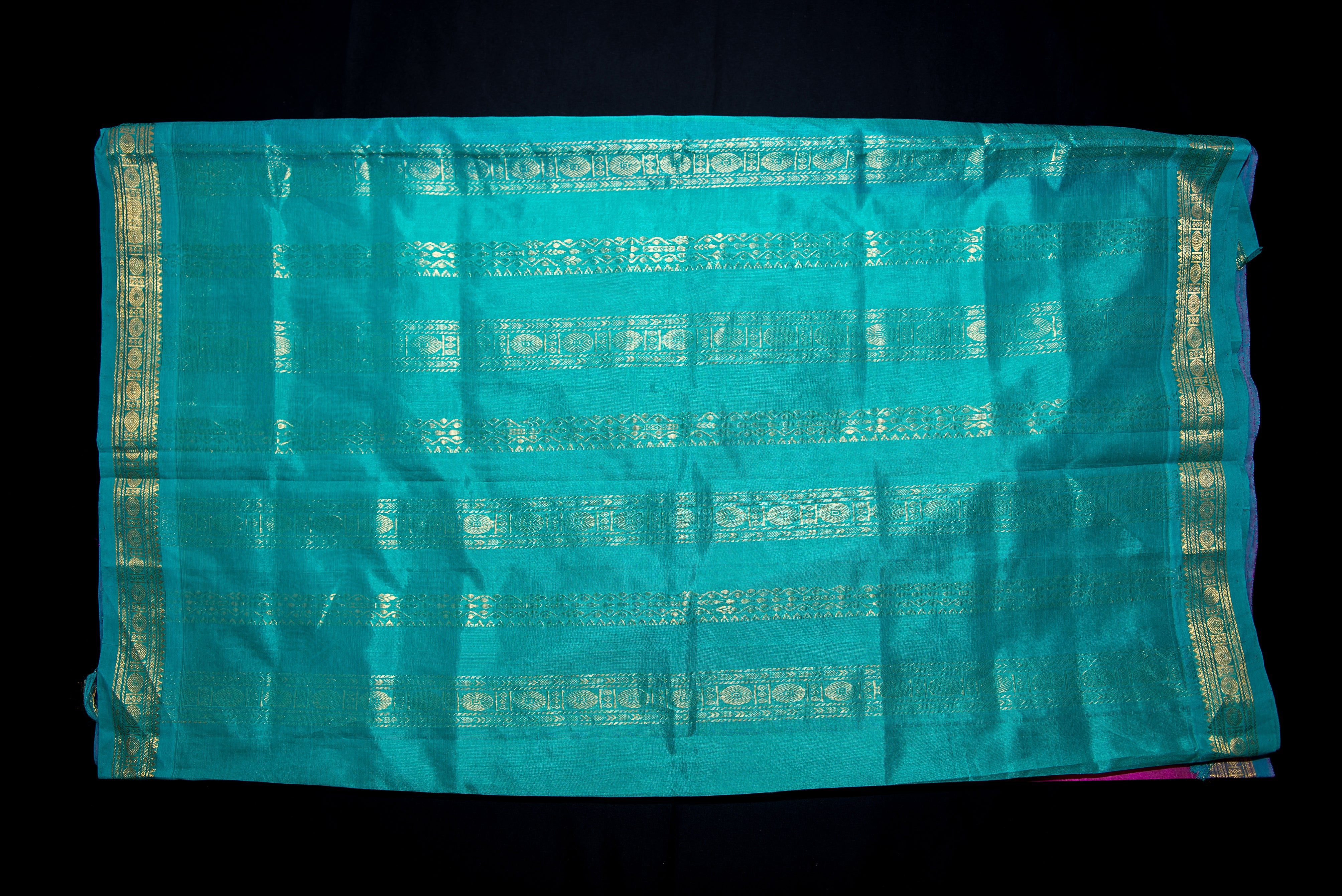 Hot Pink and Teal Handwoven Silk Cotton Saree
