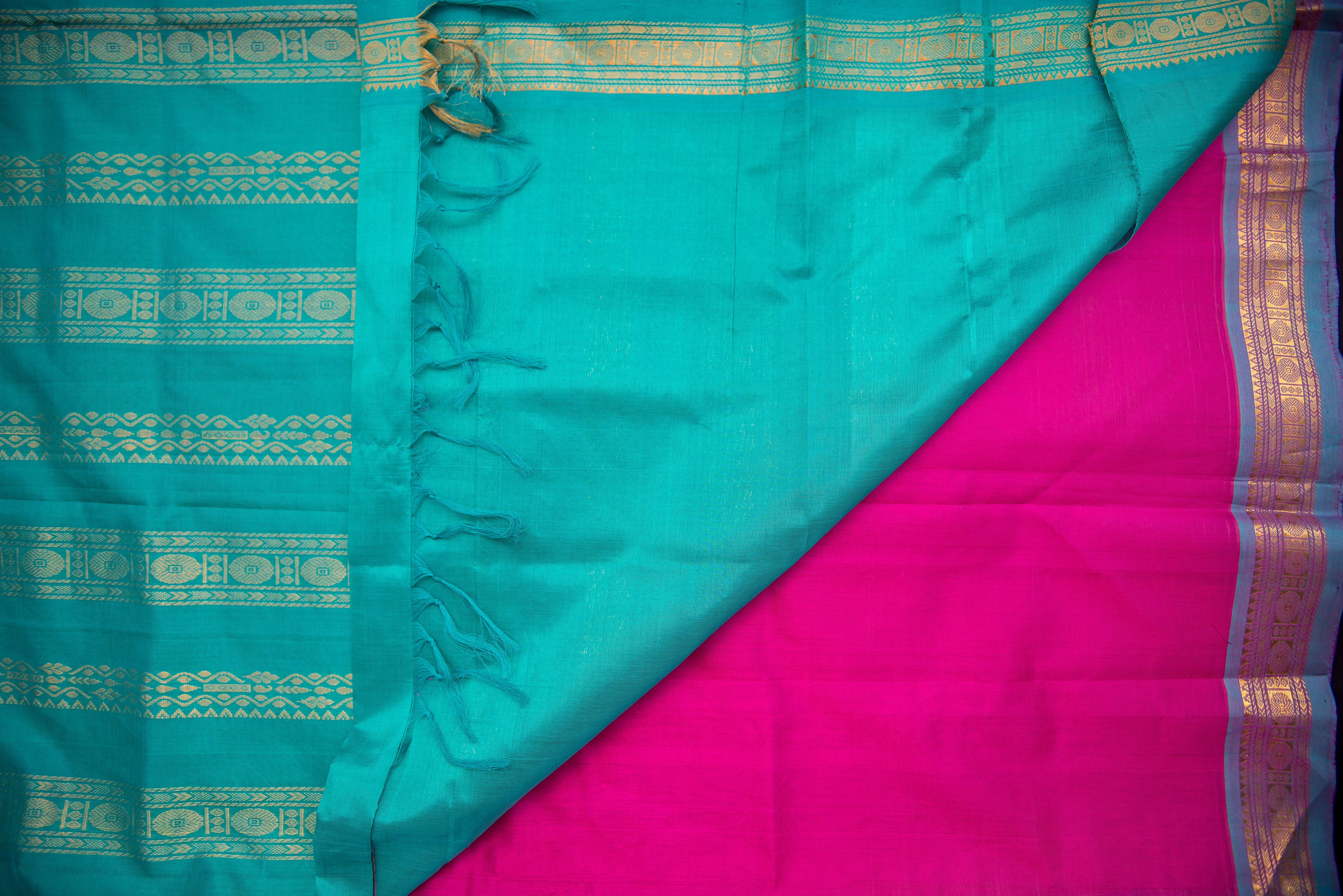 Hot Pink and Teal Handwoven Silk Cotton Saree