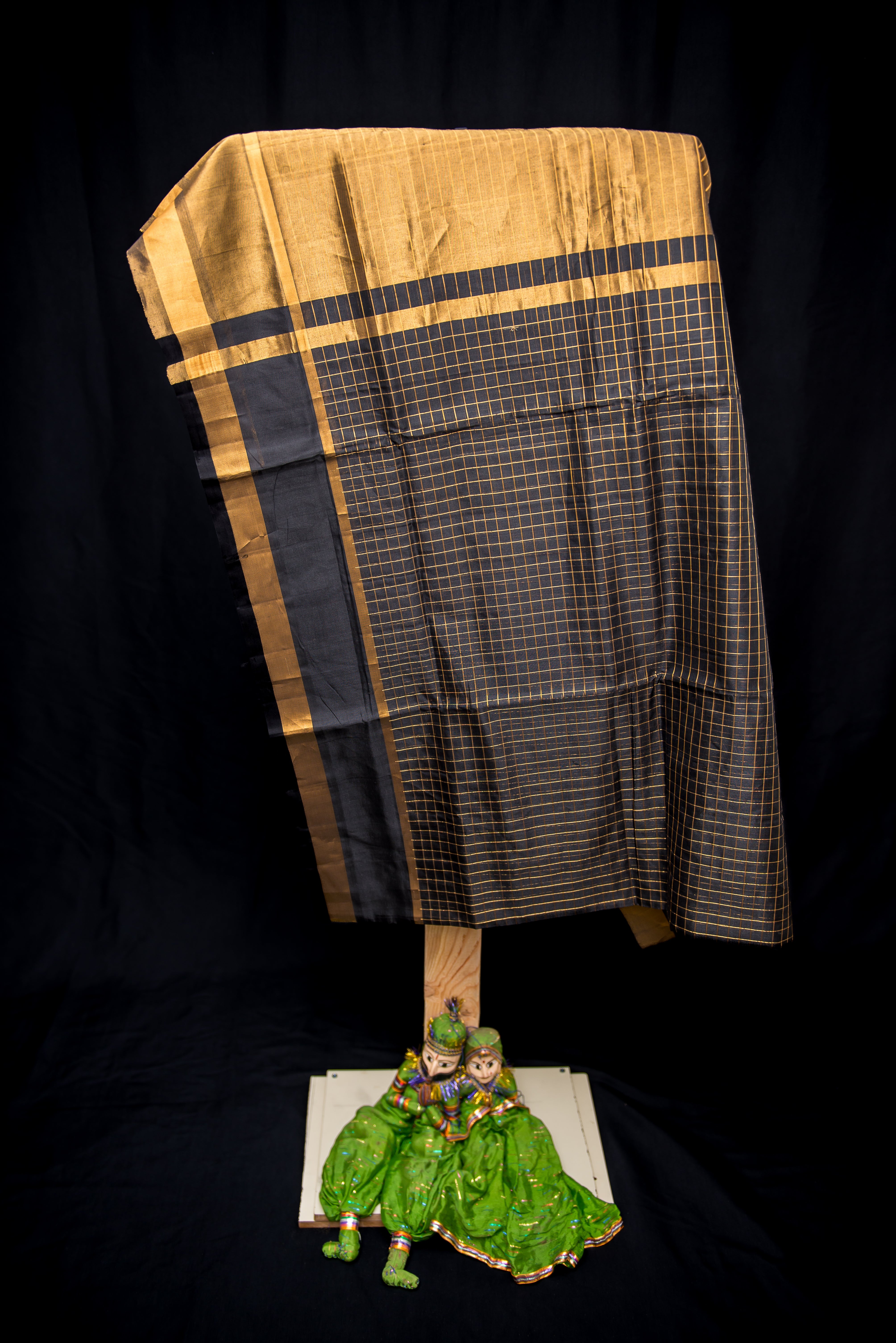 Black Silk Cotton Saree with Gold Zari Checkered Weave