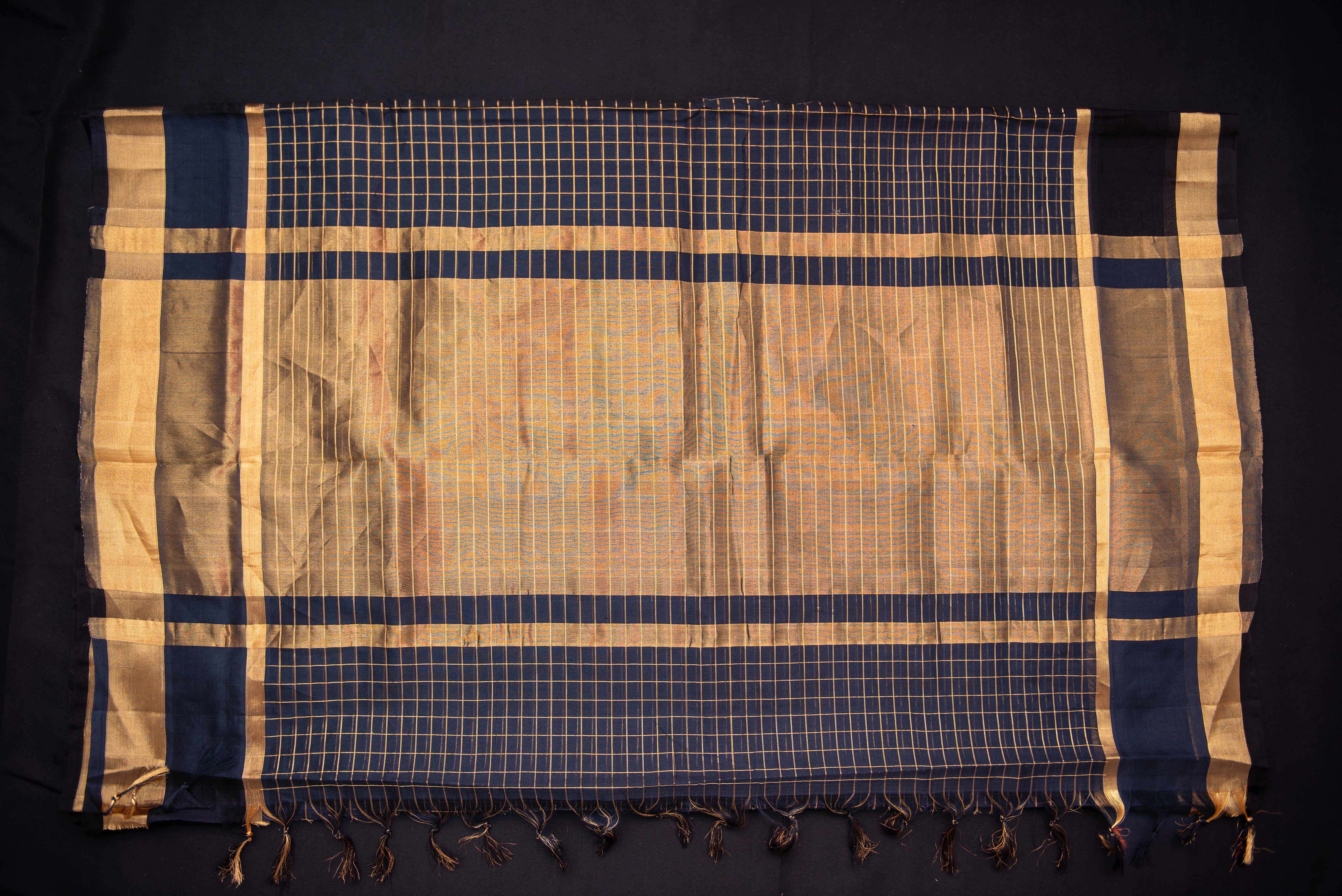 Black Silk Cotton Saree with Gold Zari Checkered Weave