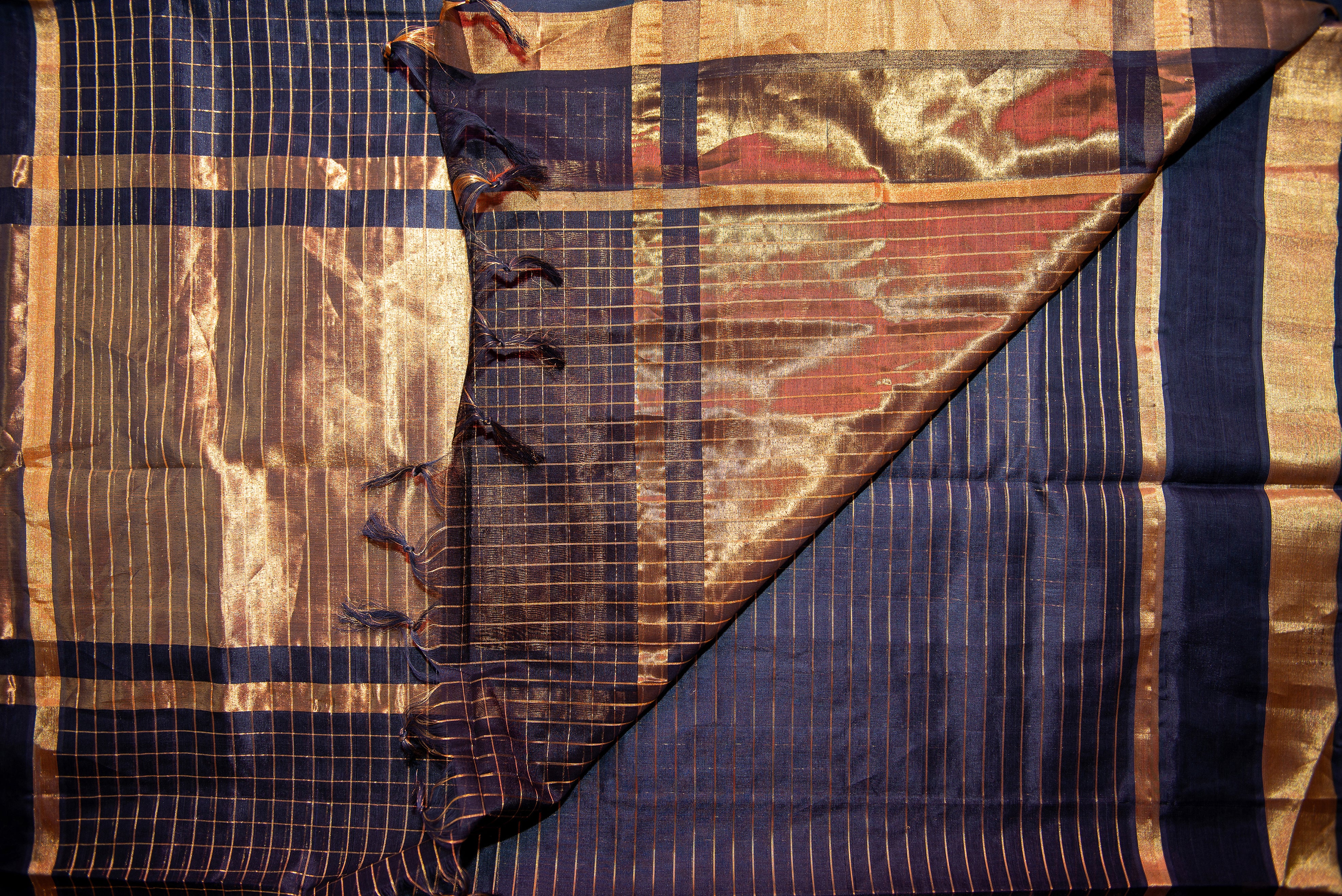 Black Silk Cotton Saree with Gold Zari Checkered Weave