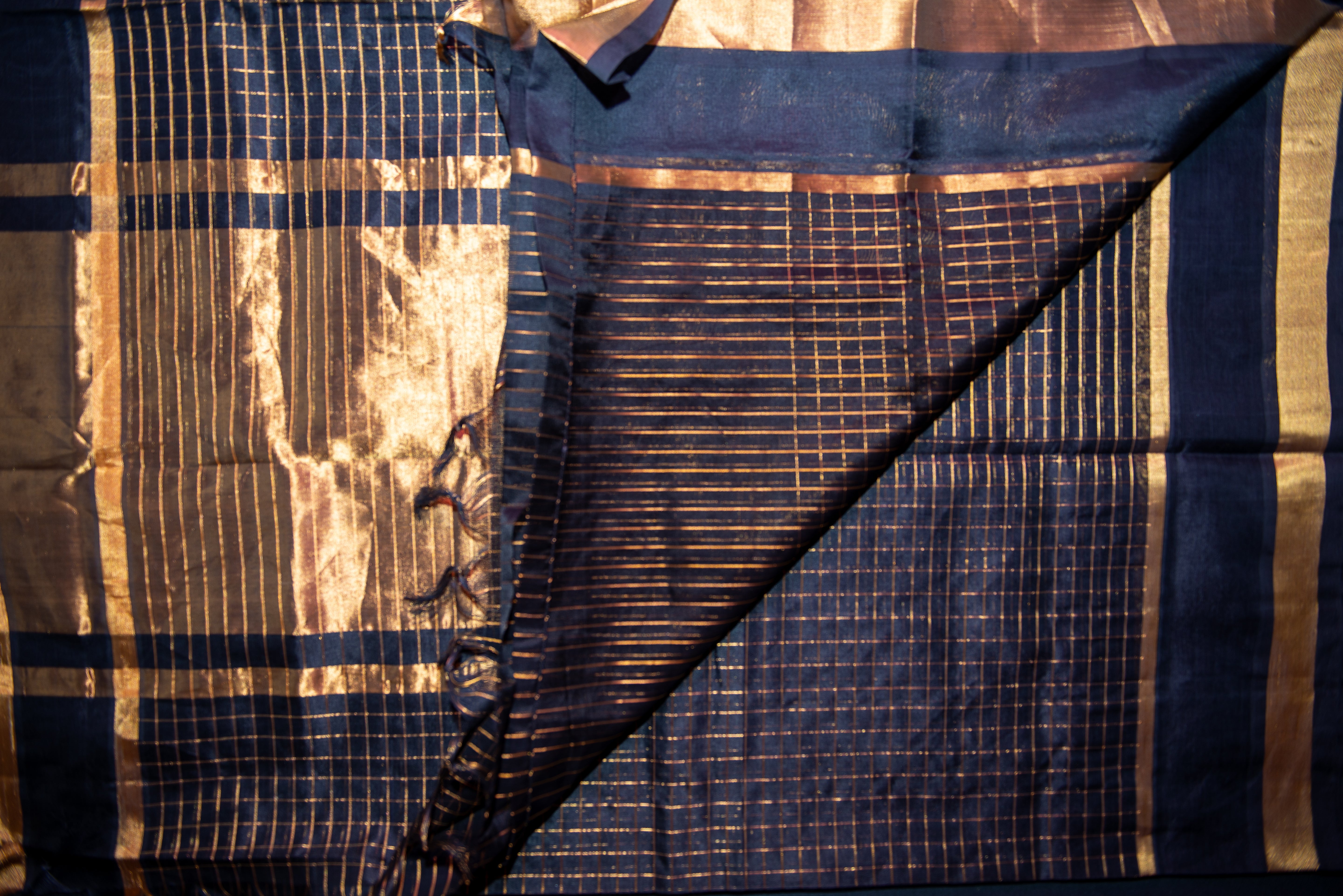 Black Silk Cotton Saree with Gold Zari Checkered Weave