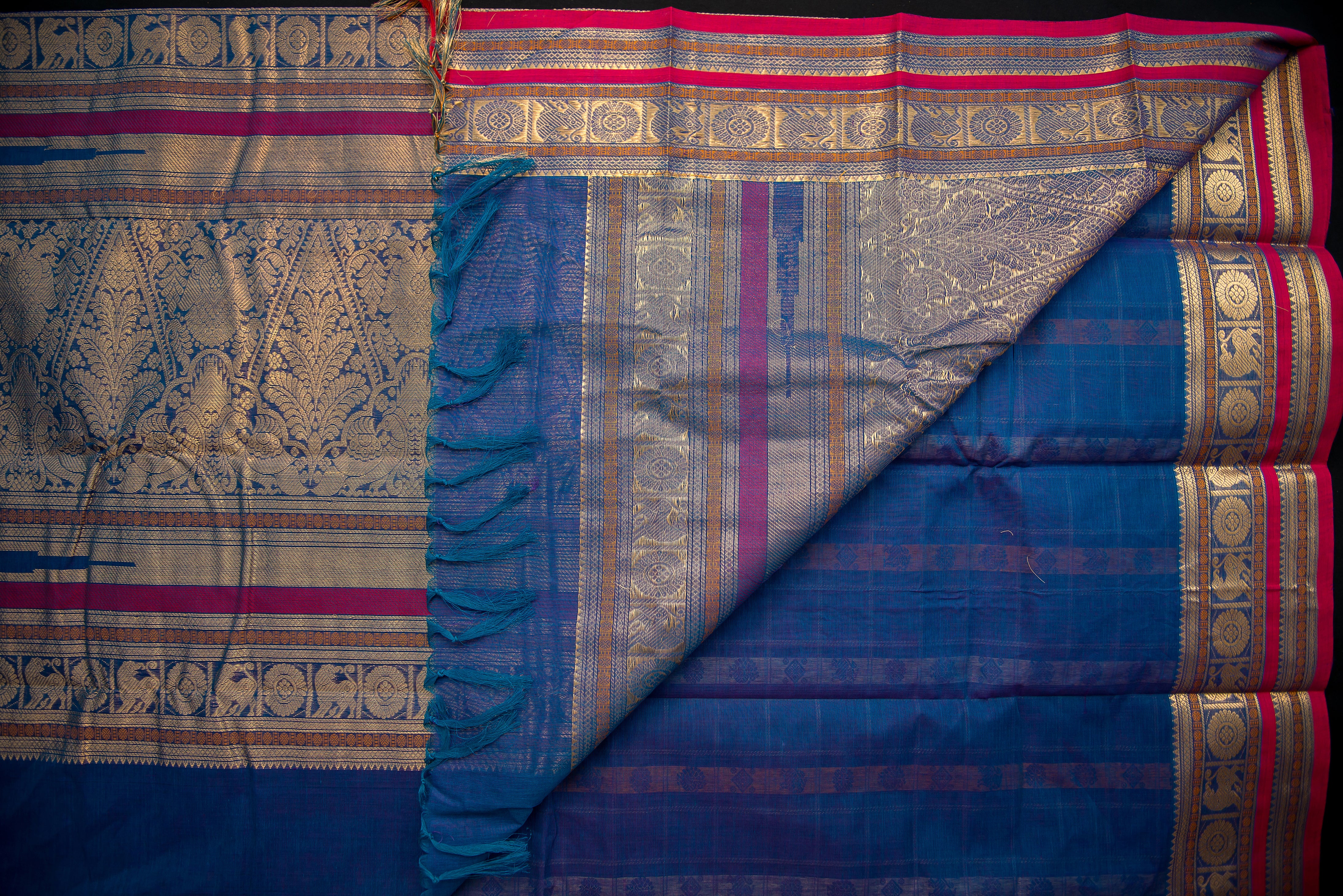 Royal Blue Kanchi Cotton Saree with an Intricate Brocade Pallu