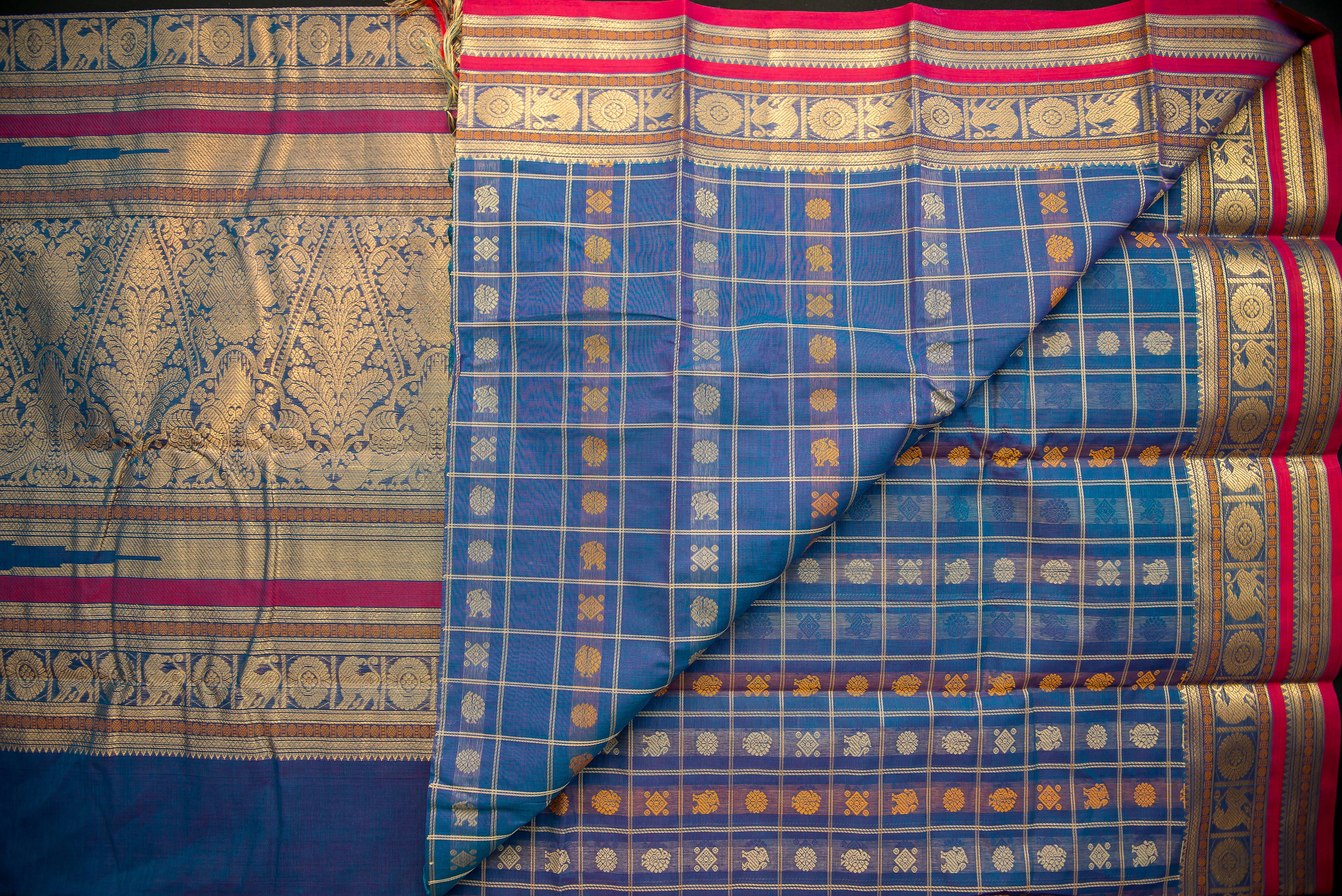 Royal Blue Kanchi Cotton Saree with an Intricate Brocade Pallu