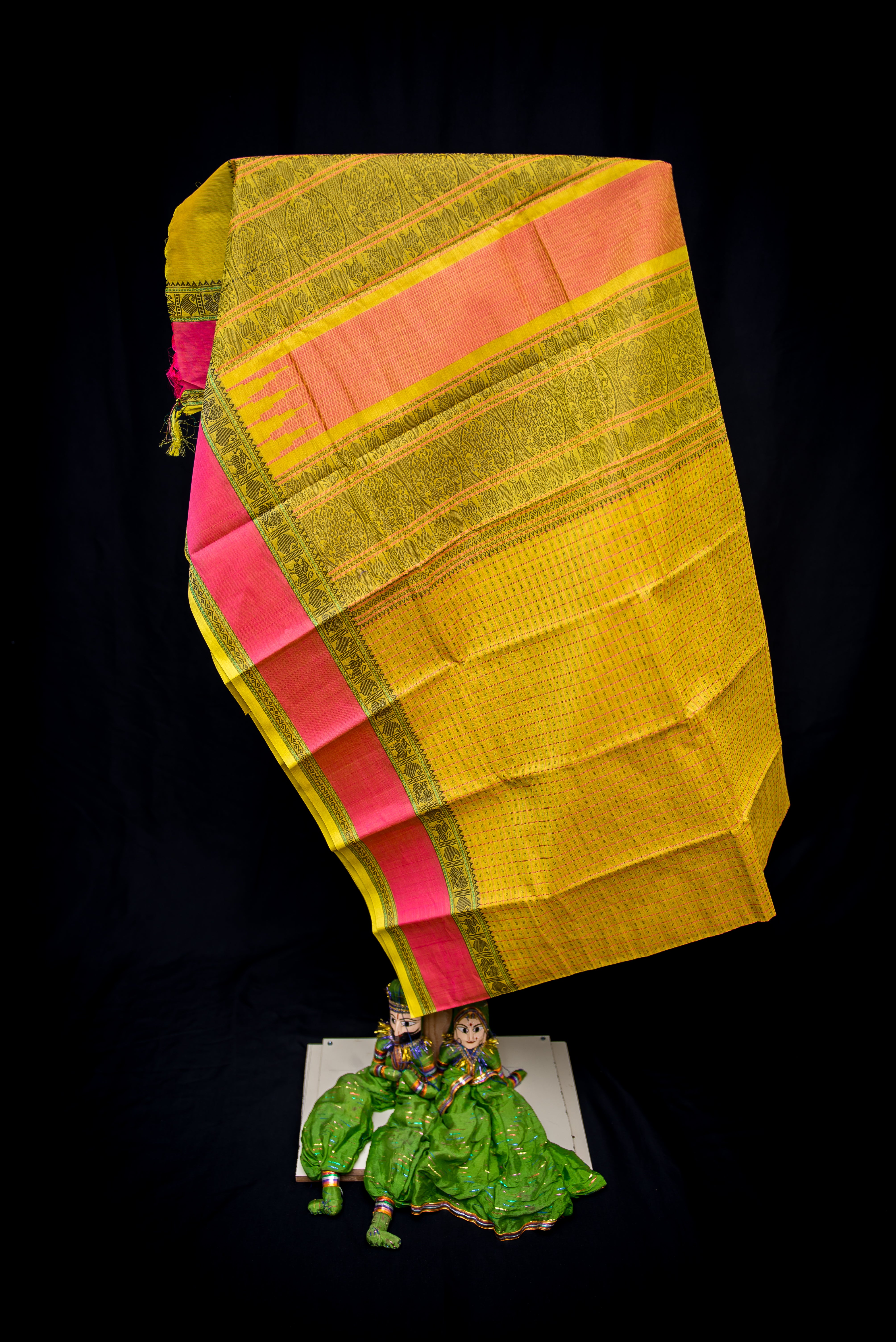 Yellow Kanchi Cotton Threadwork Saree with Black and Pink  Pallu