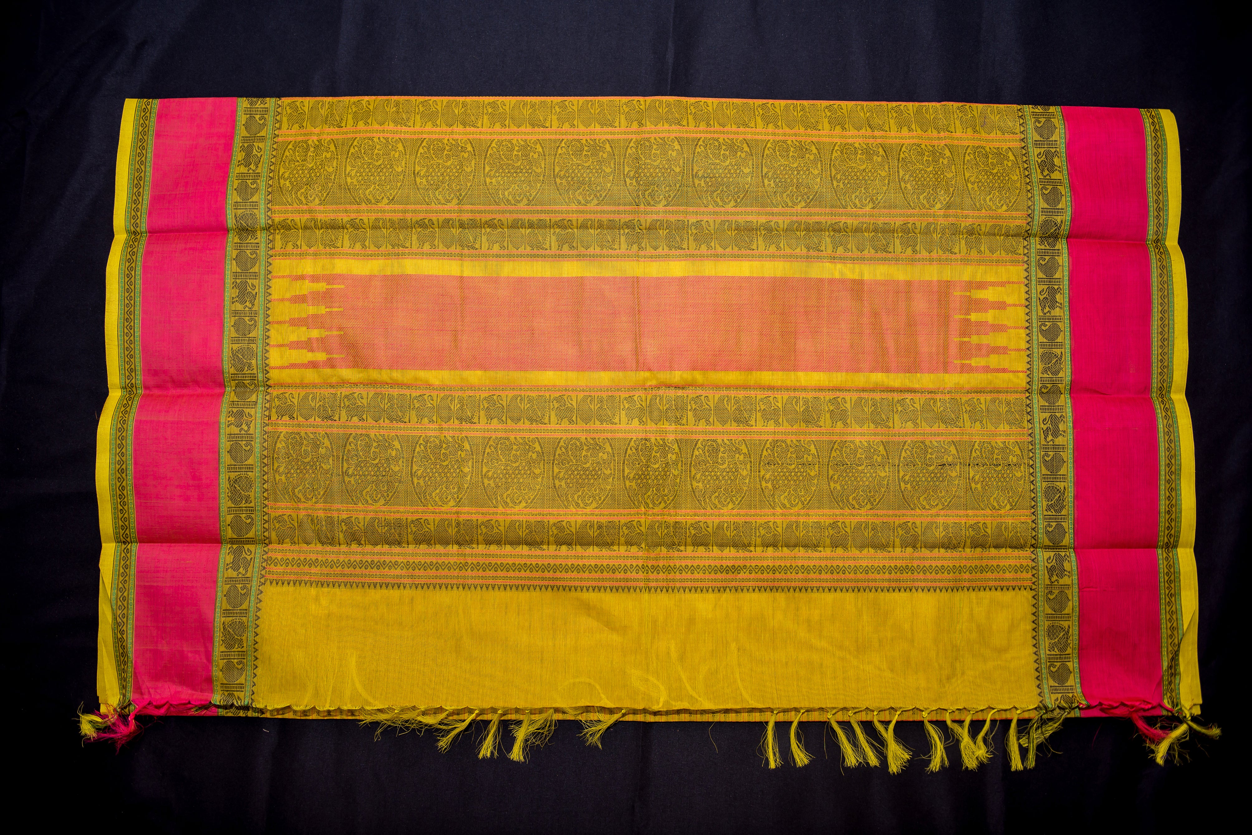 Yellow Kanchi Cotton Threadwork Saree with Black and Pink  Pallu