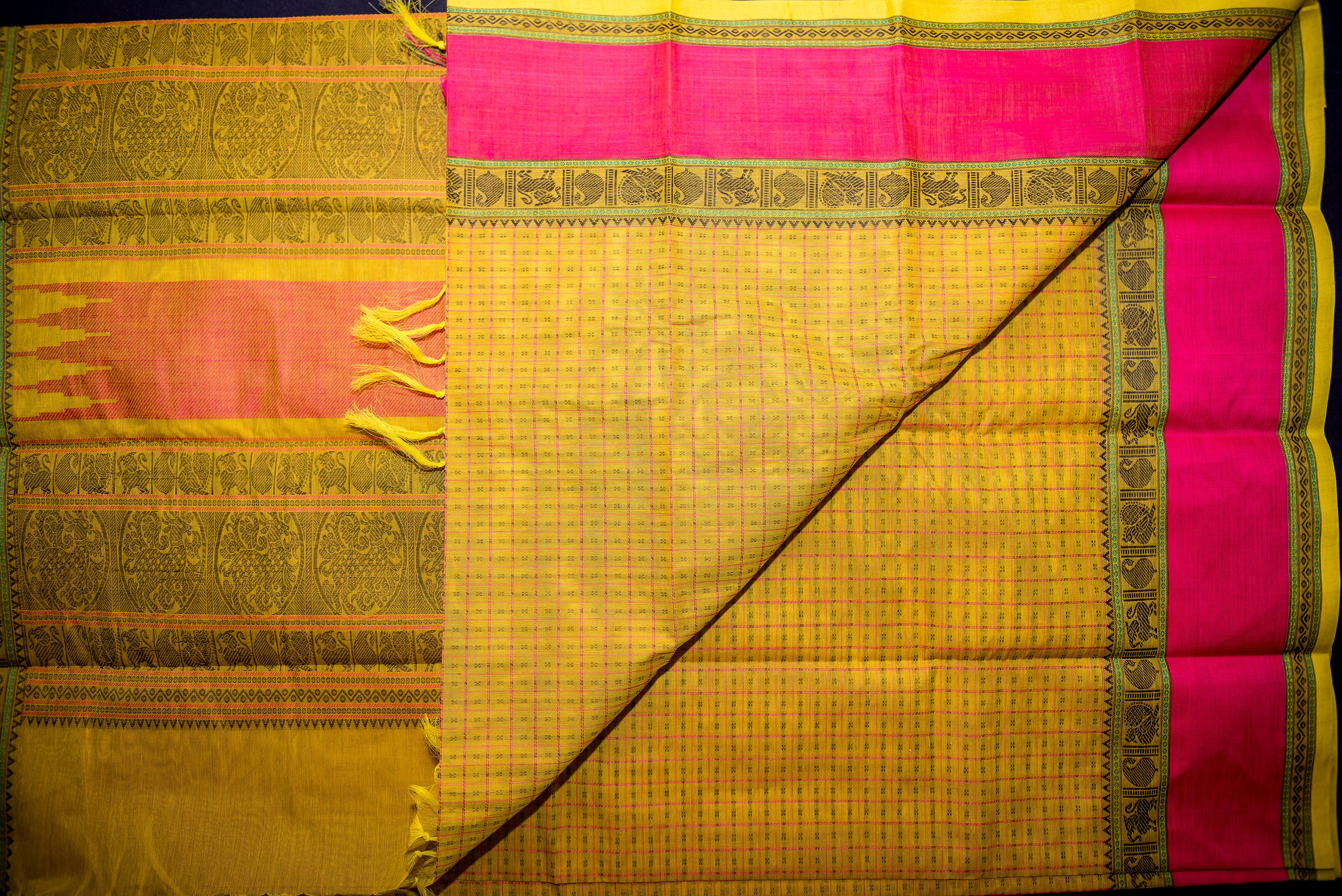 Yellow Kanchi Cotton Threadwork Saree with Black and Pink  Pallu