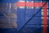Blue Handwoven Kanchi Cotton Saree With Gold Pallu