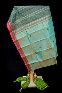 Artistic Seafoam Green Kanchi Cotton Threadwork Saree