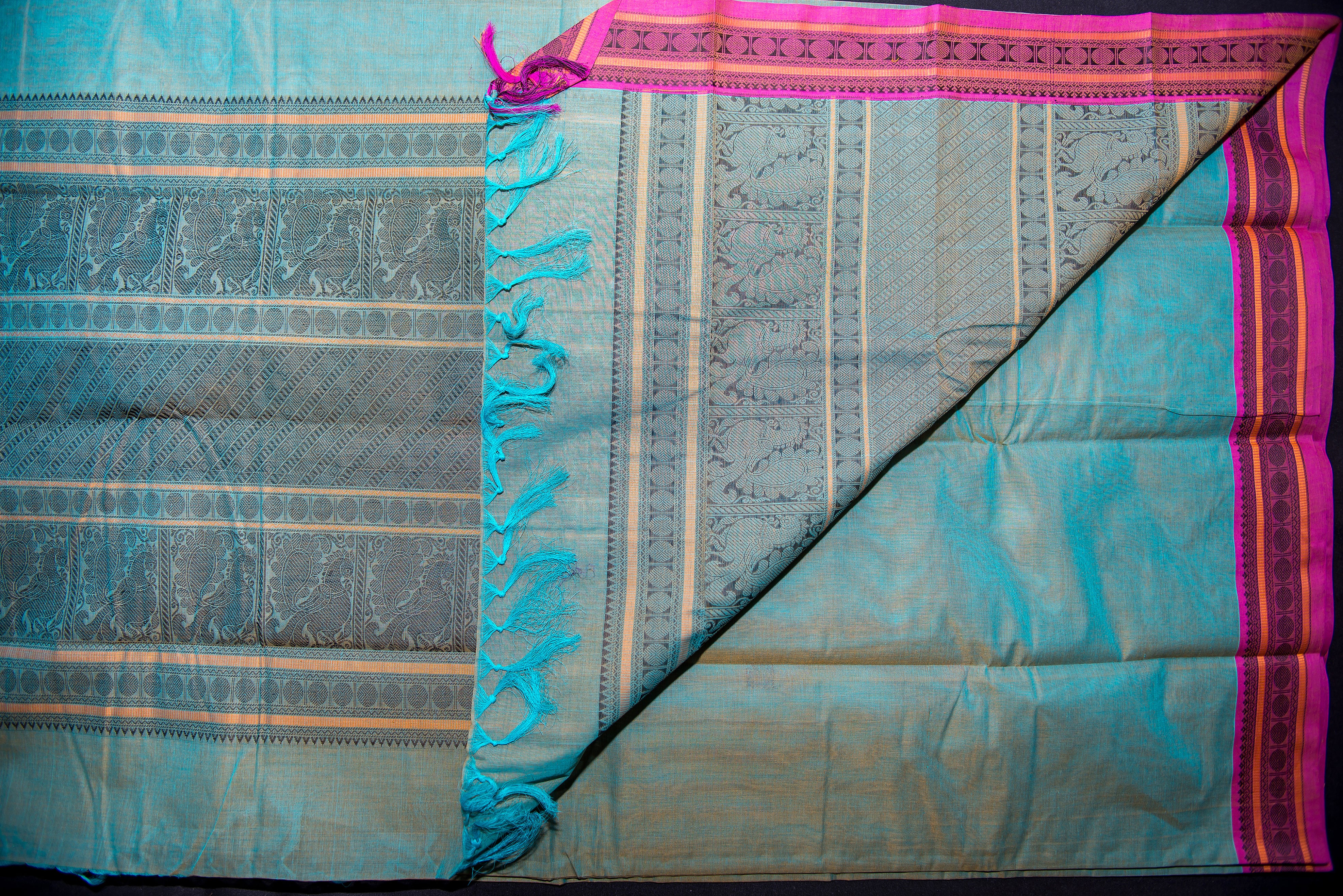 Artistic Seafoam Green Kanchi Cotton Threadwork Saree