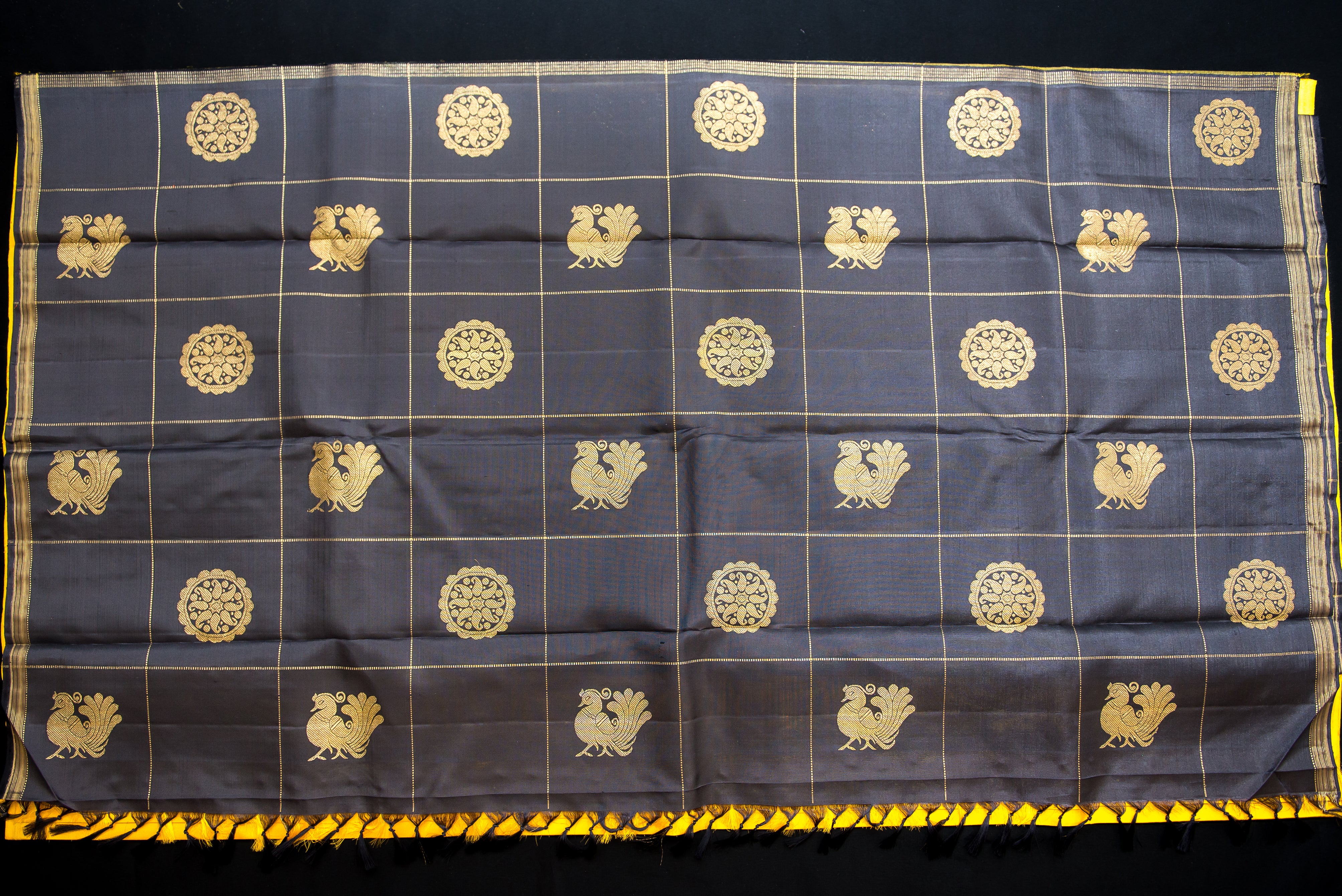 Bold Golden-Yellow Pure Silk Saree with a Black and Gold Pallu