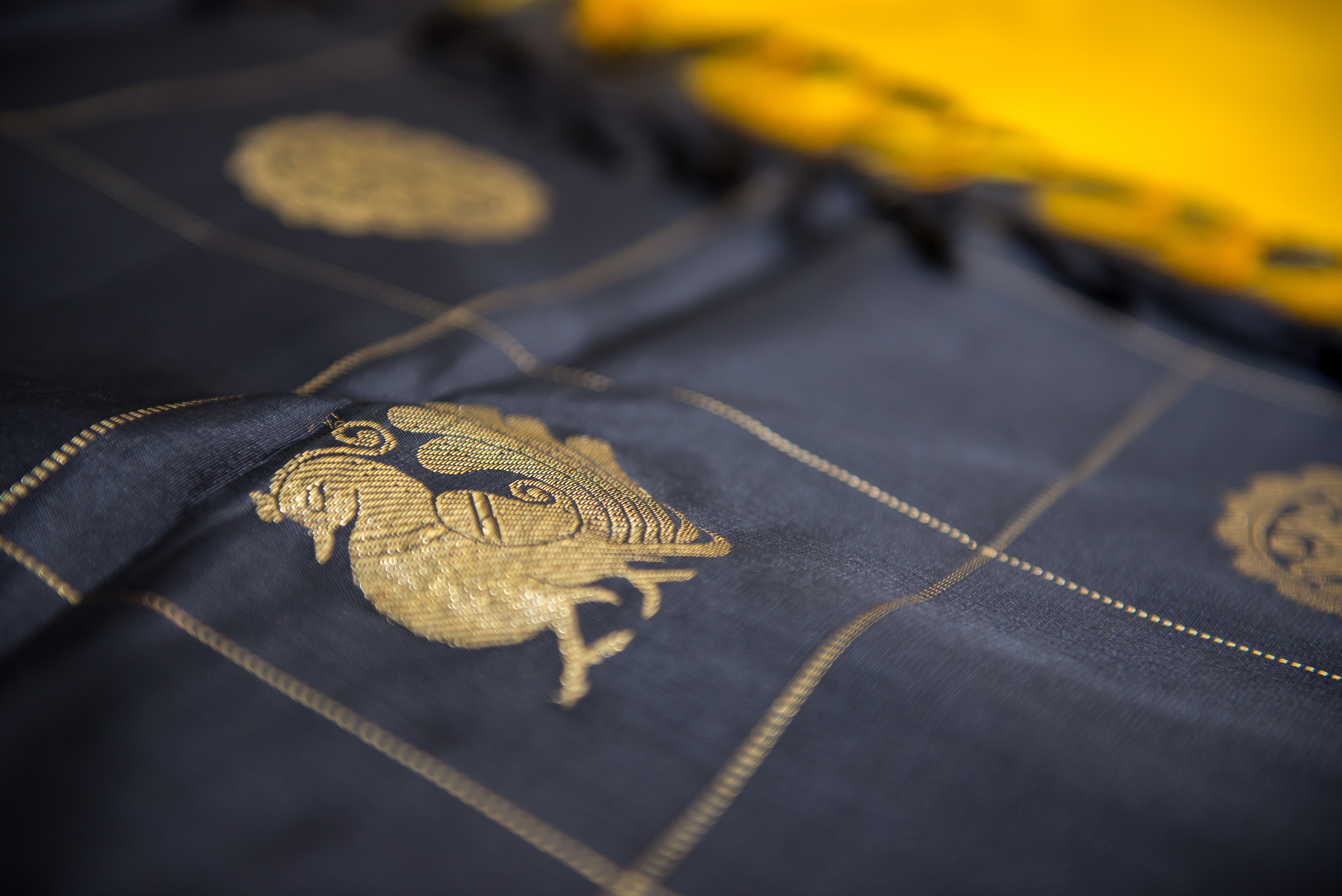 Bold Golden-Yellow Pure Silk Saree with a Black and Gold Pallu