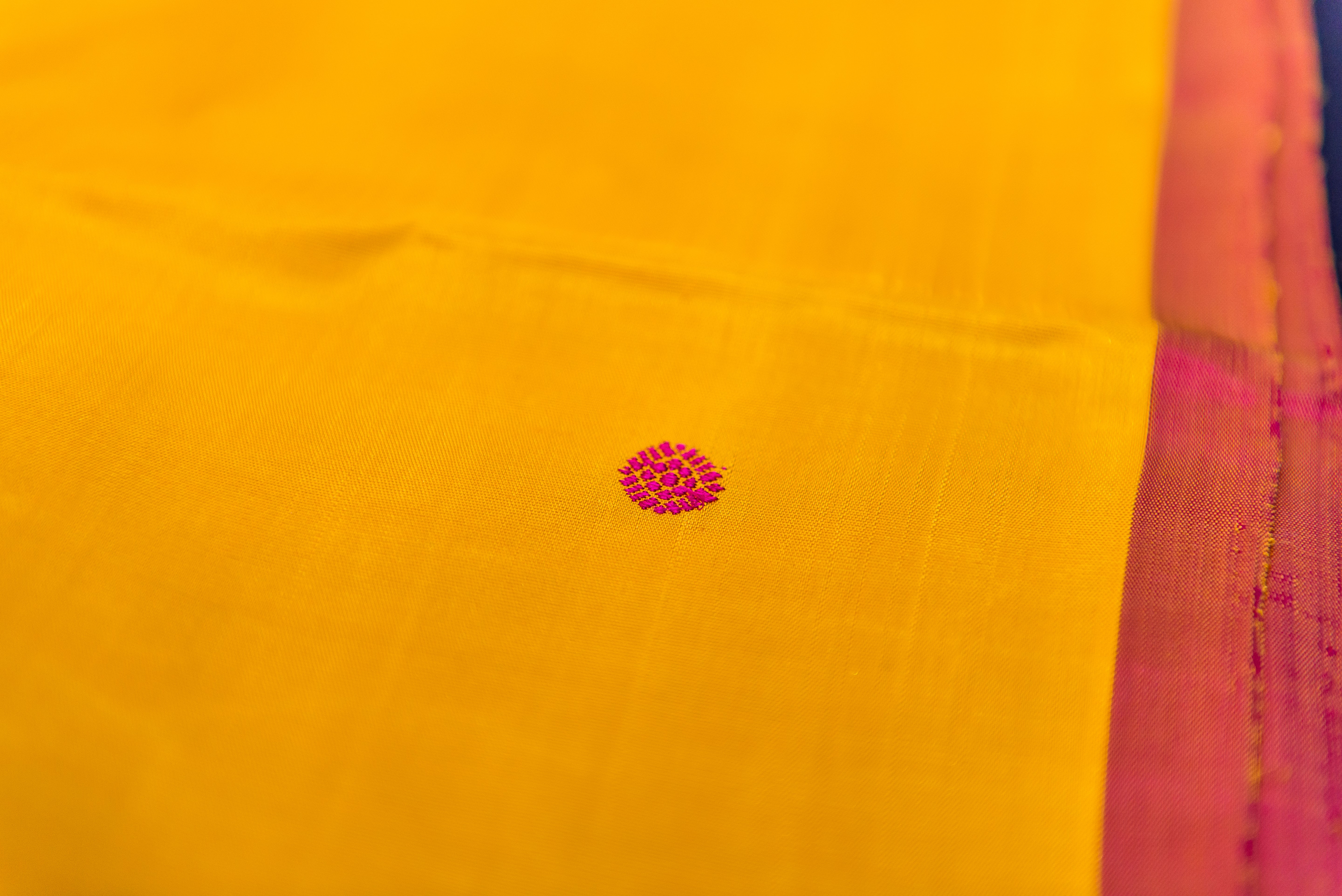 Sunny Yellow Pure Threadwork Silk Saree with Fuchsia buttas