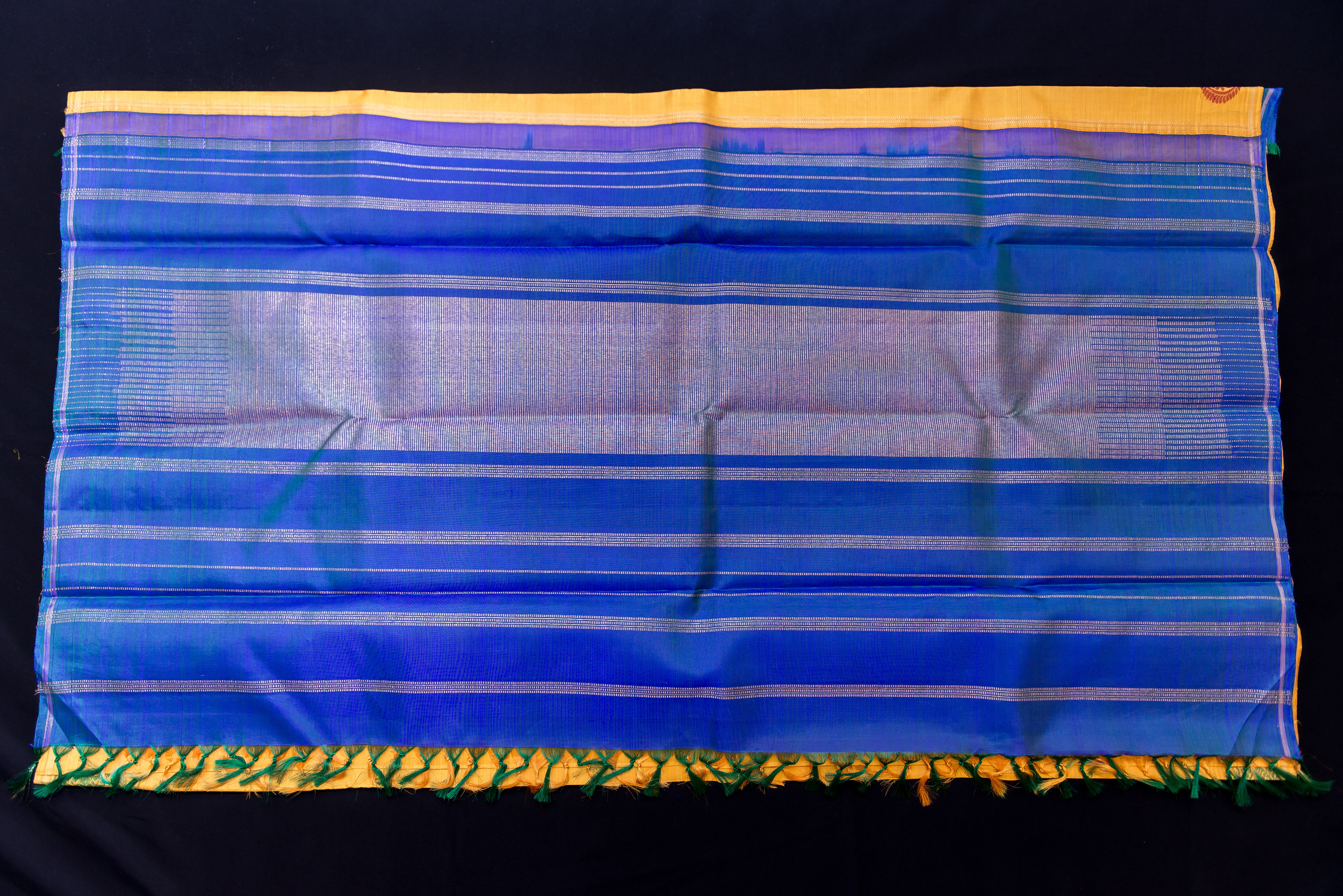 Radiant Golden-Yellow Pure Siilk Saree with Royal Blue Pallu