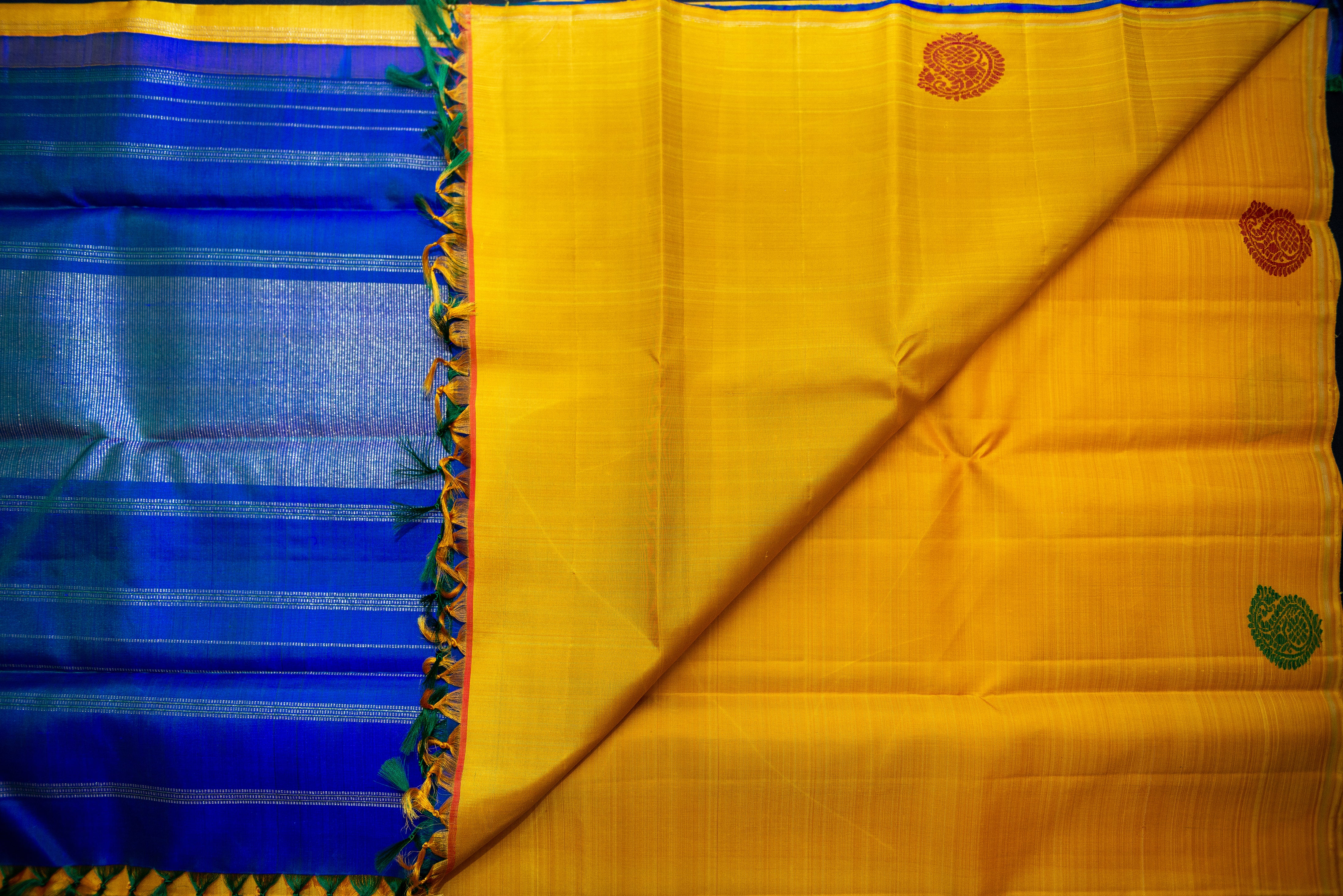 Radiant Golden-Yellow Pure Siilk Saree with Royal Blue Pallu