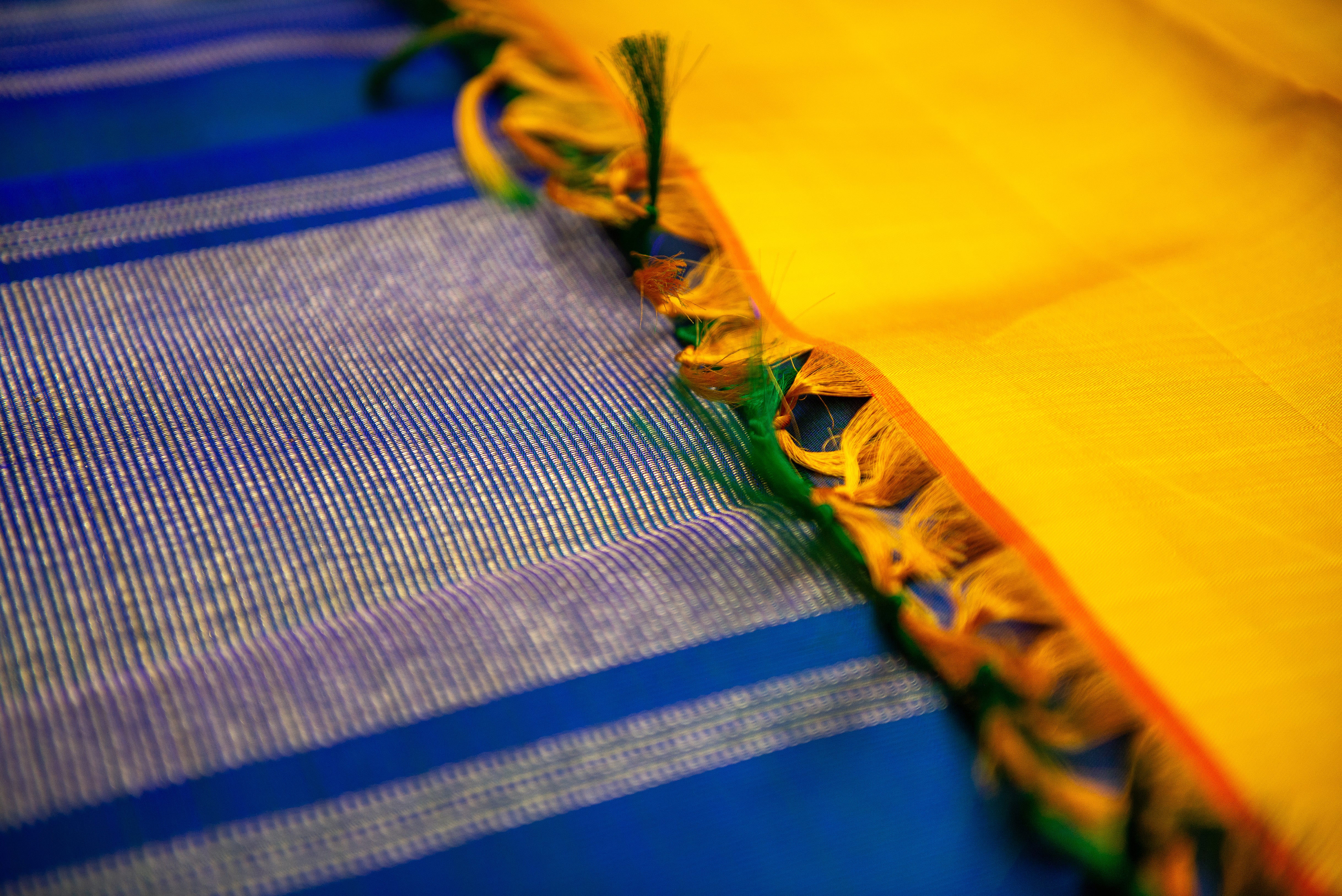 Radiant Golden-Yellow Pure Siilk Saree with Royal Blue Pallu