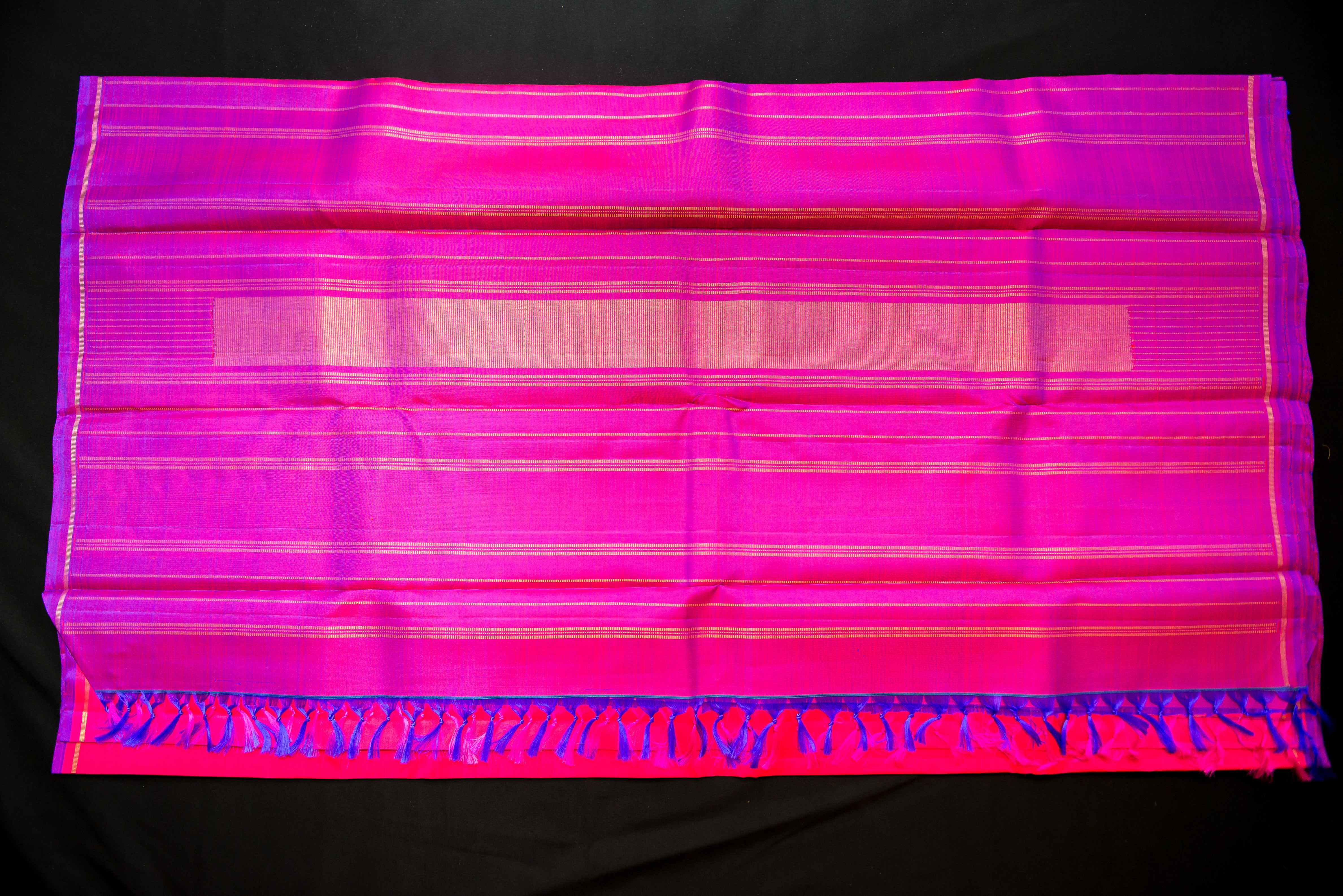 Electrifying Pink Pure Silk Saree with Contrast Purple Pallu