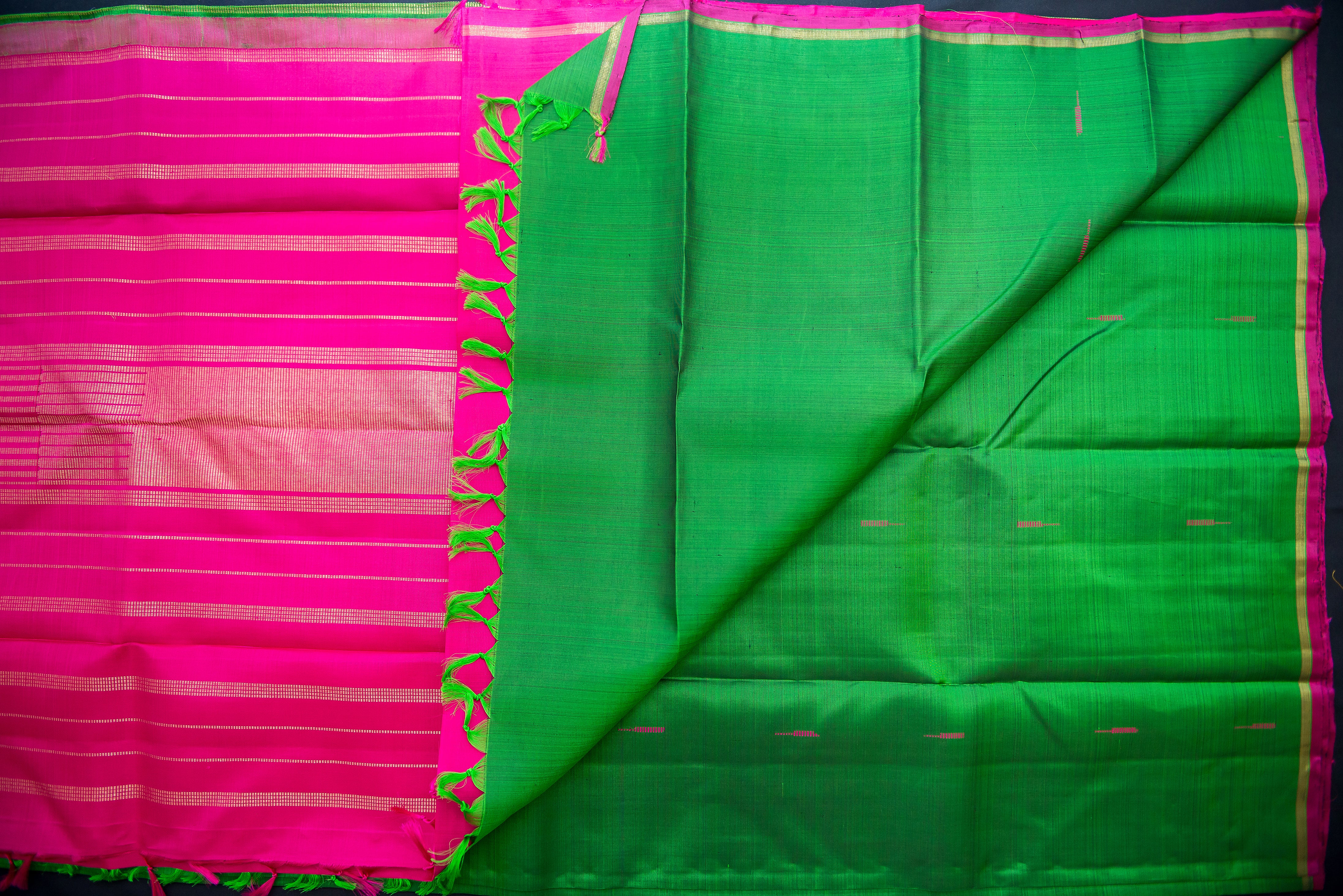 Vibrant Green and Hot Pink Pure Silk Saree