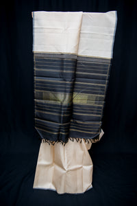 Cream Pure Silk Saree with Black Zari Pallu