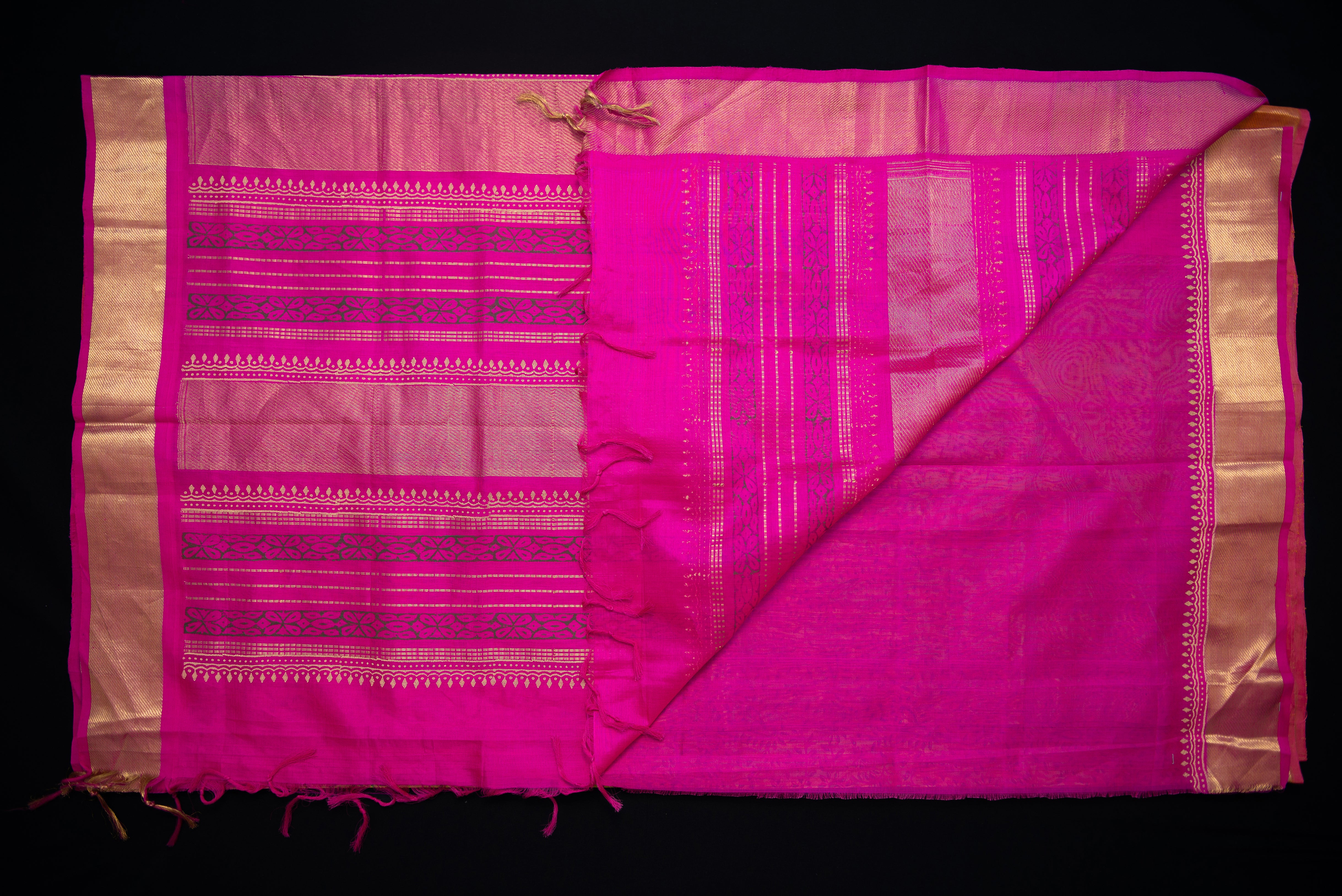 Chartreuse Yellow/Green Block Print Silk Cotton Saree