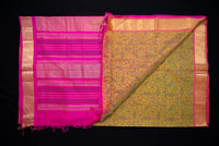 Chartreuse Yellow/Green Block Print Silk Cotton Saree