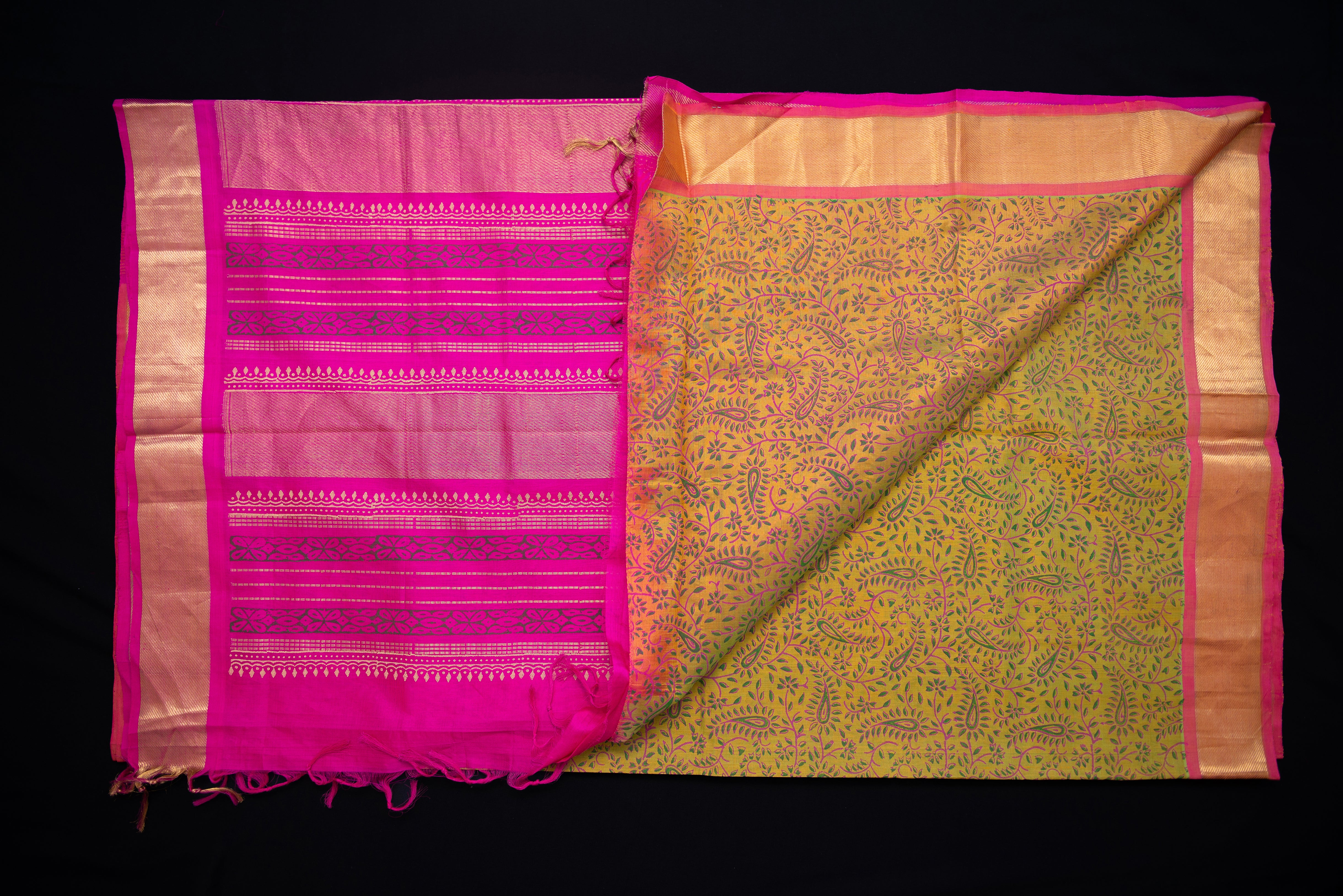 Chartreuse Yellow/Green Block Print Silk Cotton Saree