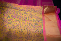 Chartreuse Yellow/Green Block Print Silk Cotton Saree
