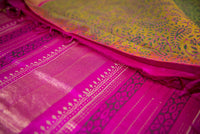 Chartreuse Yellow/Green Block Print Silk Cotton Saree