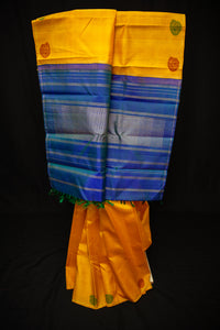 Radiant Golden-Yellow Pure Siilk Saree with Royal Blue Pallu