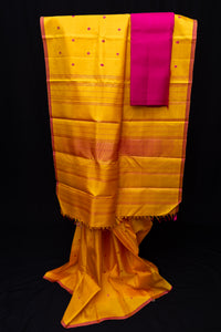 Sunny Yellow Pure Threadwork Silk Saree with Fuchsia buttas