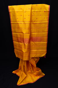 Sunny Yellow Pure Threadwork Silk Saree with Fuchsia buttas
