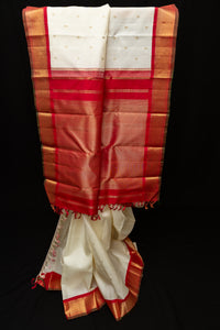 Classic Ivory Pure Silk Saree with Grand Red Gold Zari Pallu