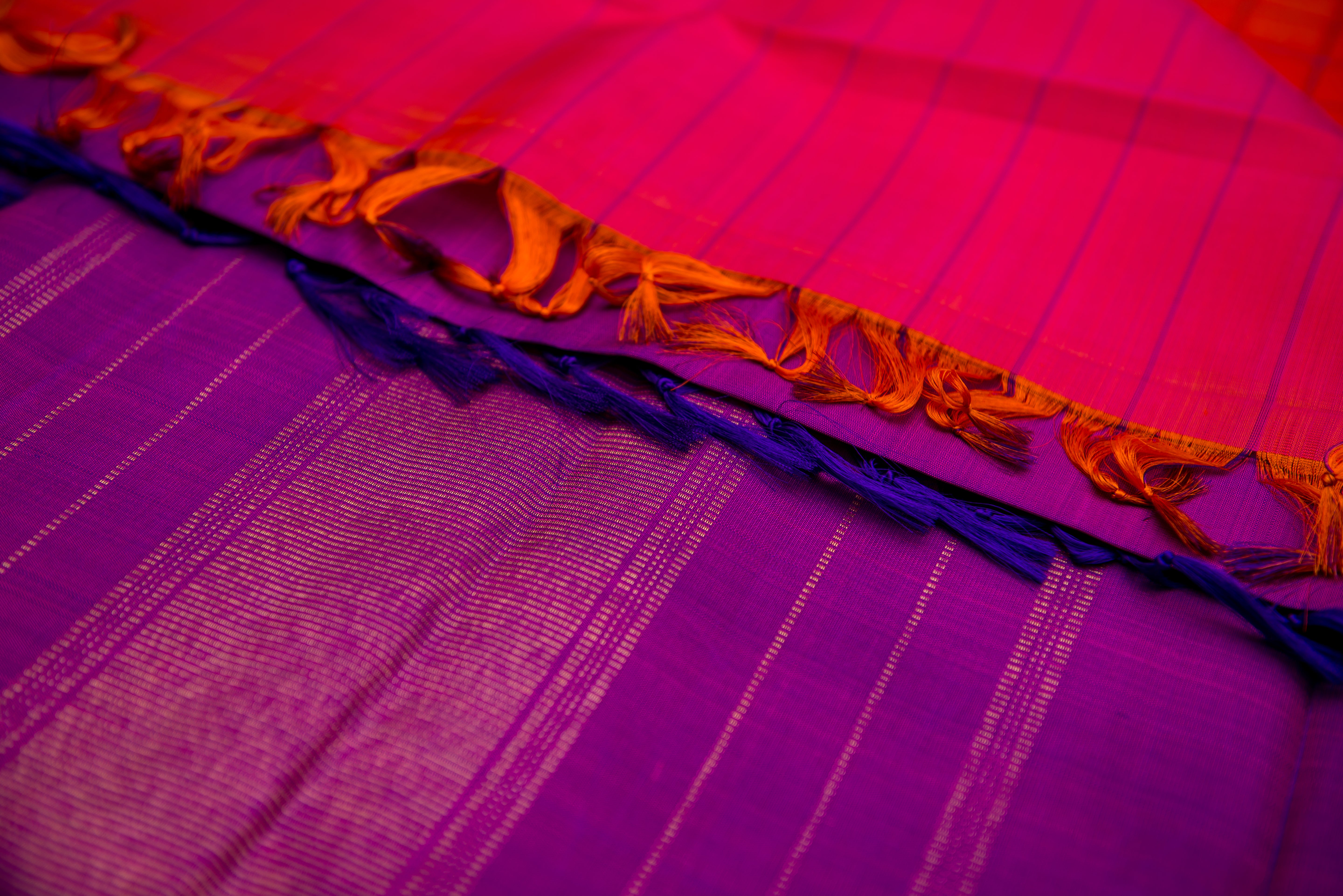 Electrifying Lotus Pink Pure Silk Saree with a Royal Purple Pallu