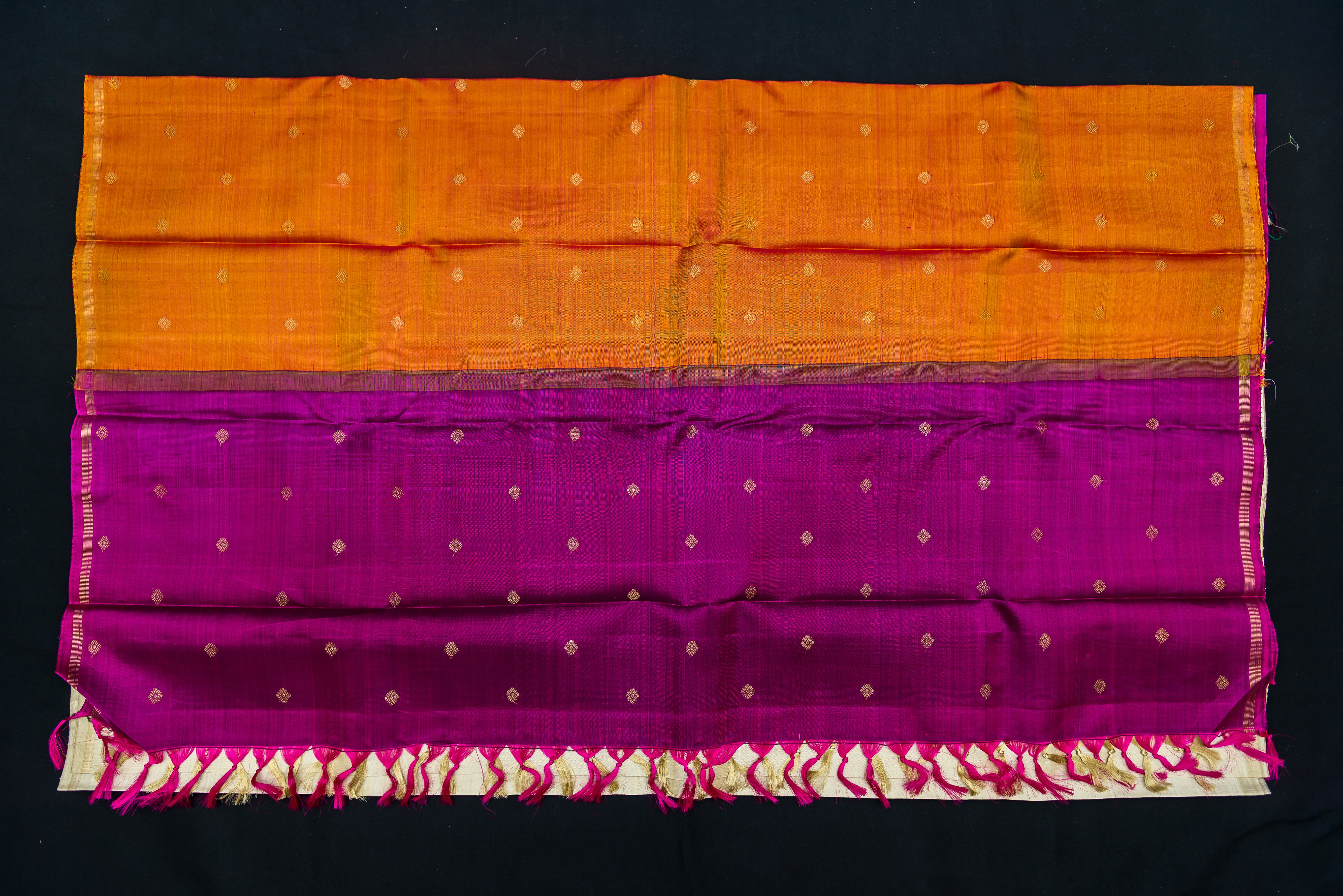 Radiant Cream Pure Silk Saree with Double Orange-Purple Pallu