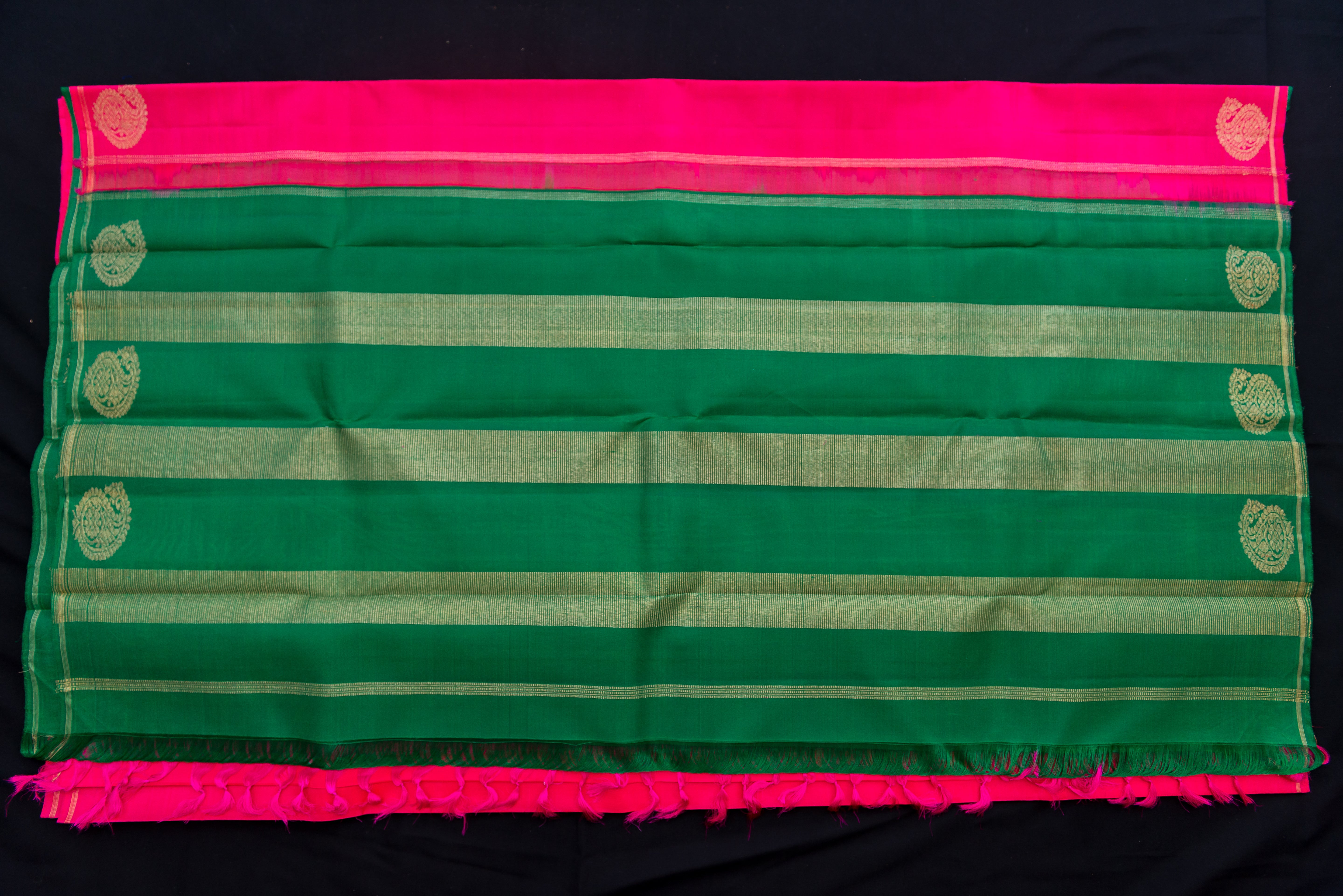 Dazzling Hot Pink and Emerald Green Pure Silk Saree
