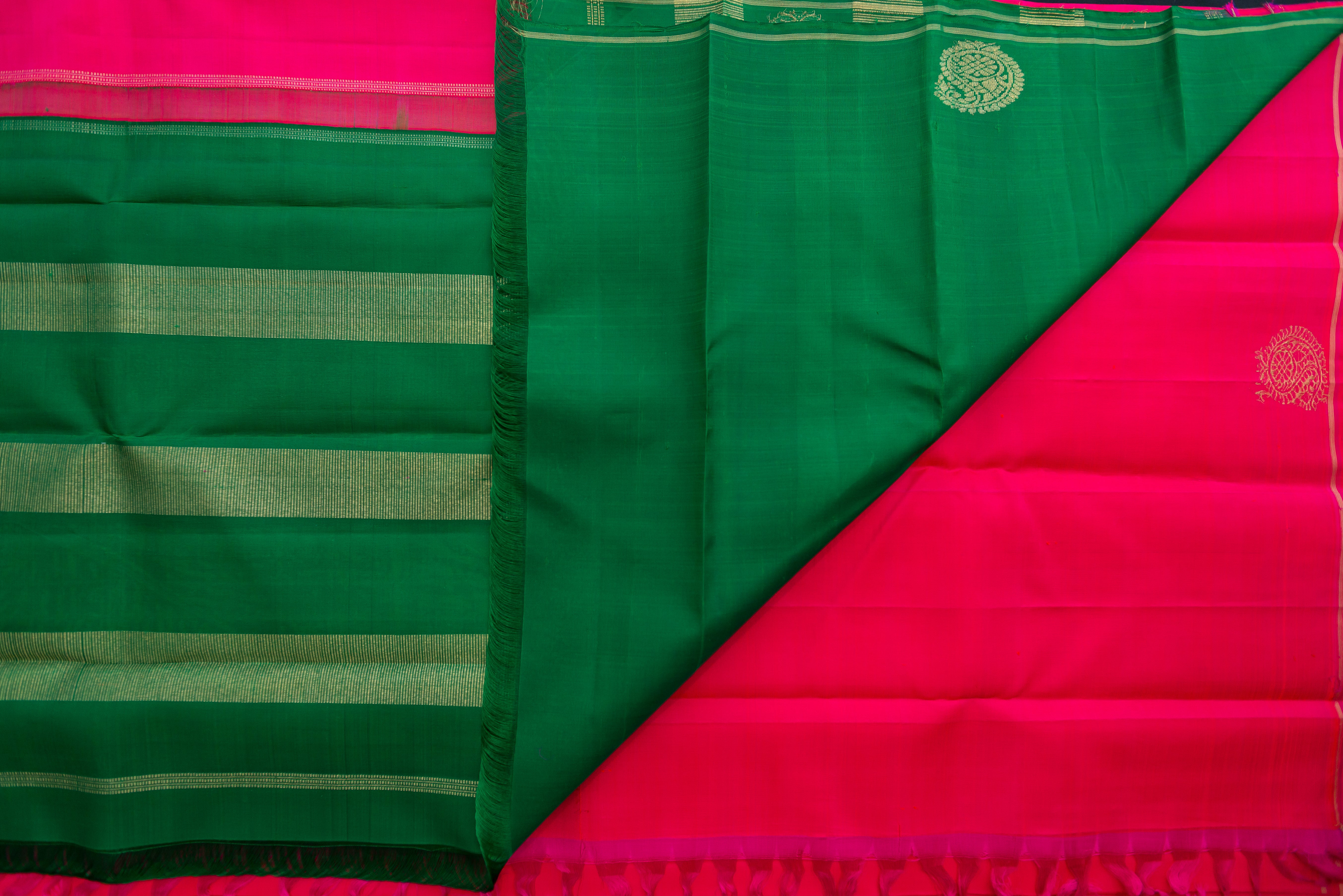 Dazzling Hot Pink and Emerald Green Pure Silk Saree