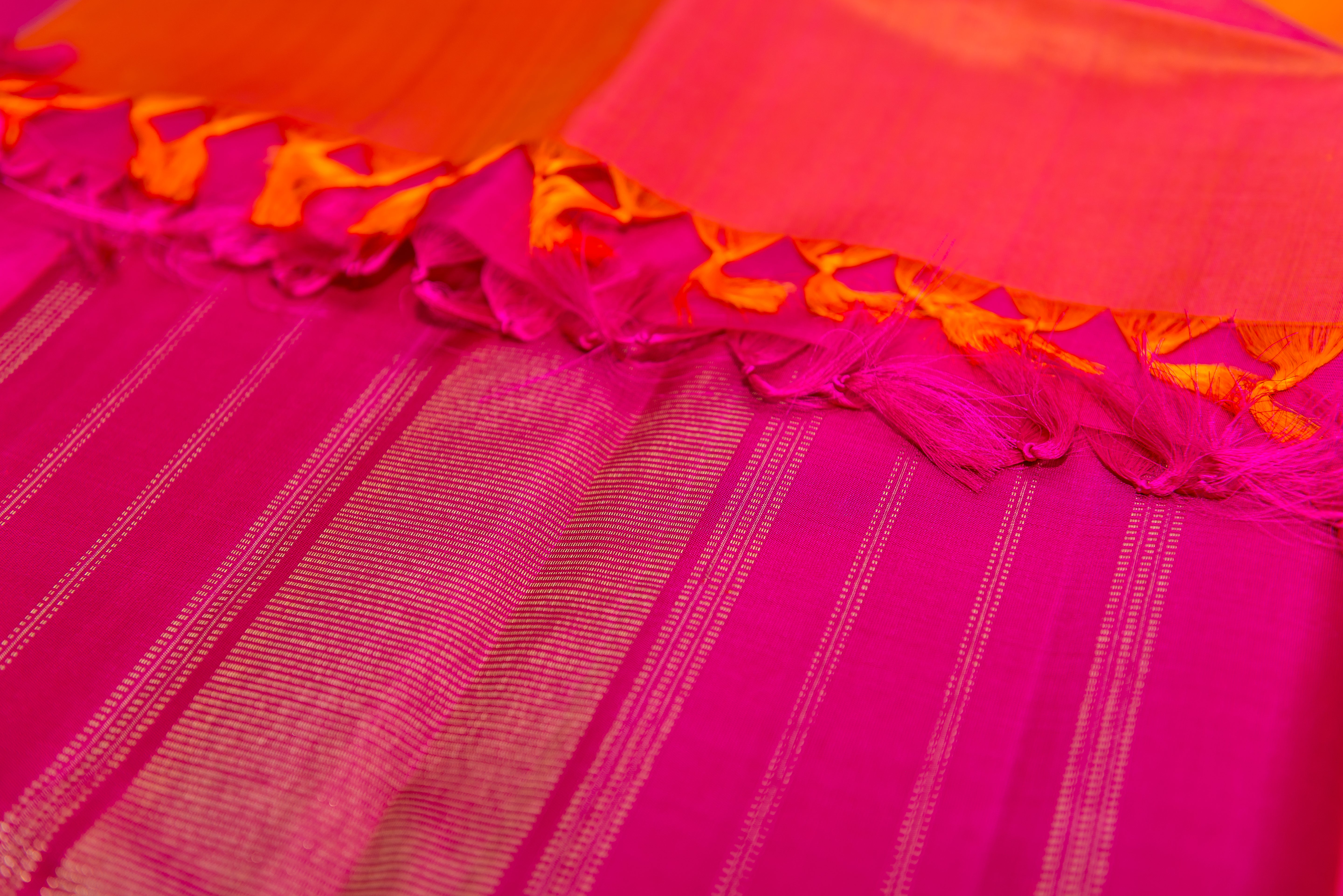 Fiery Orange Rising Lines Handloom Silk Saree