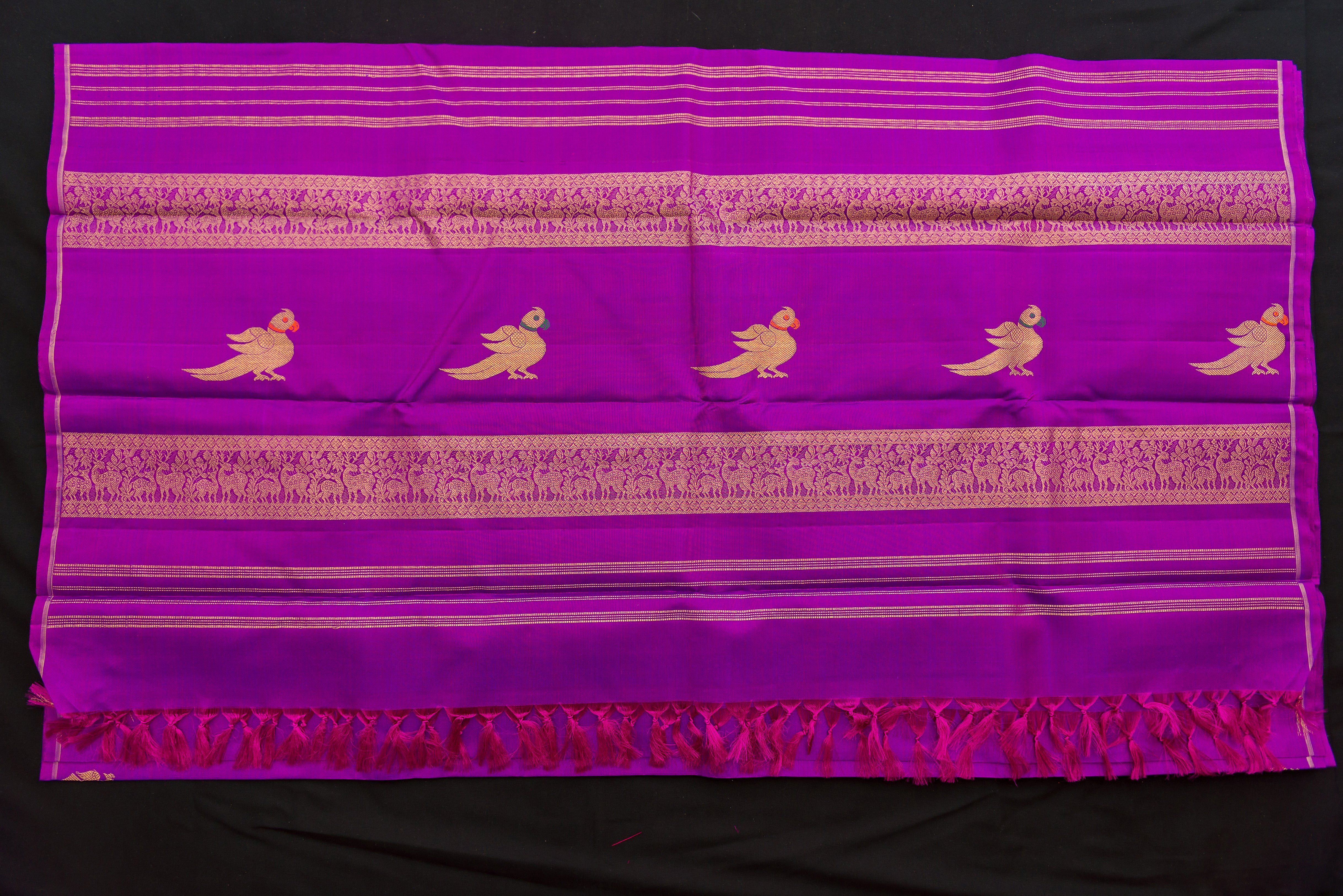 Royal Purple Handloom Pure Silk Saree with Gold Zari Gandaberunda Motifs