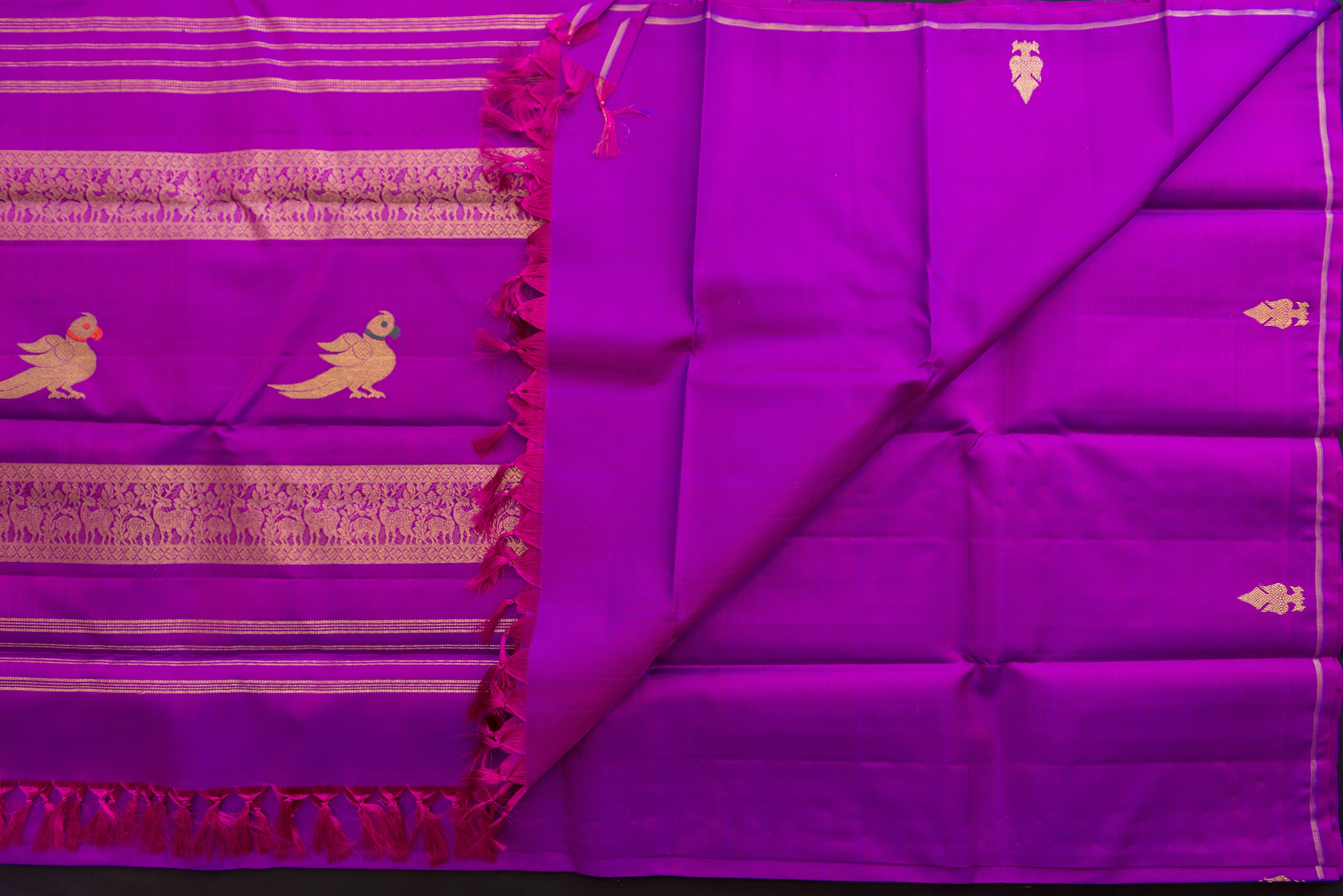 Royal Purple Handloom Pure Silk Saree with Gold Zari Gandaberunda Motifs